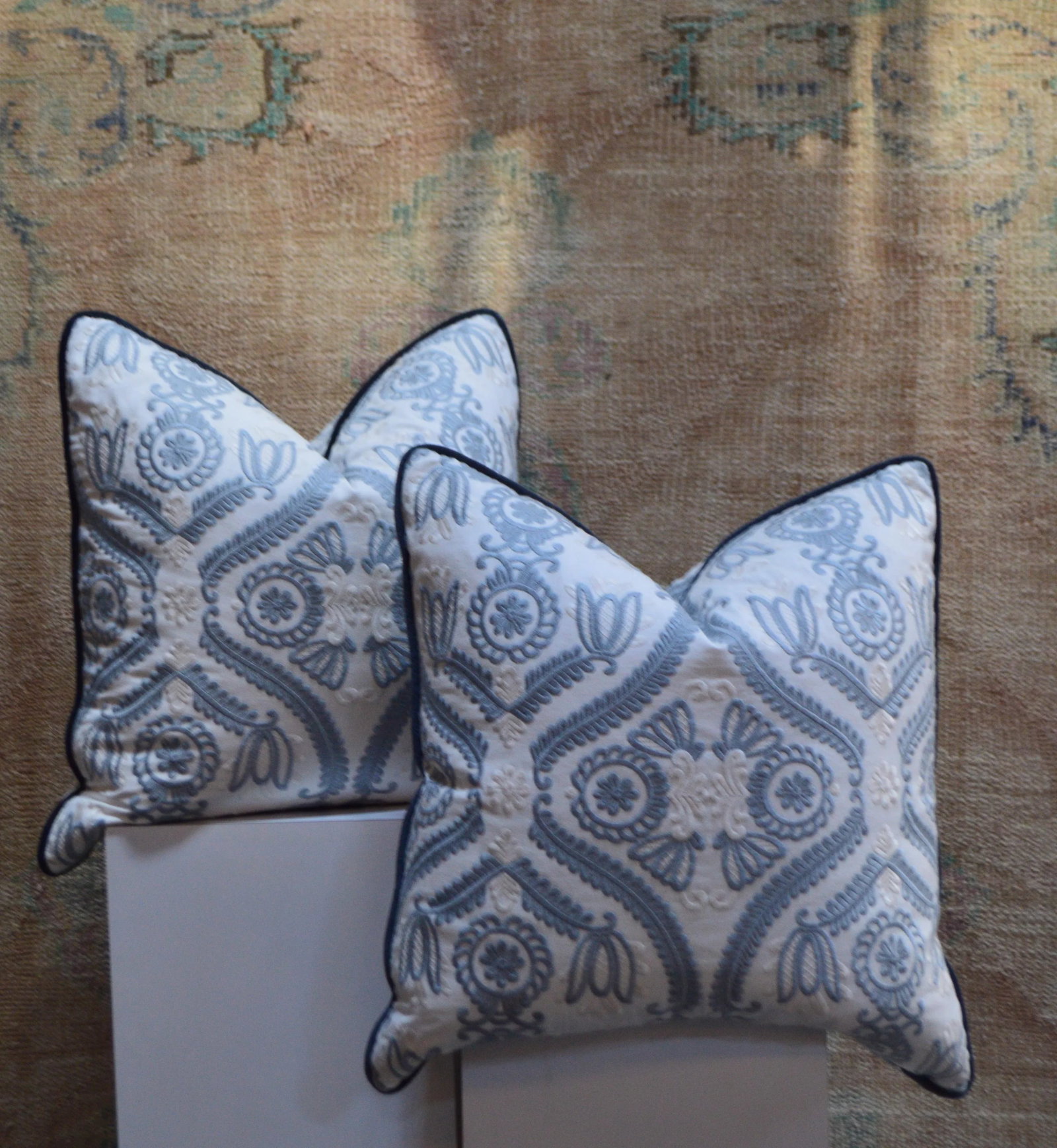 New Blue and White Embroidered Damask Throw Pillows 22in. X 22in. - a Pair - 3