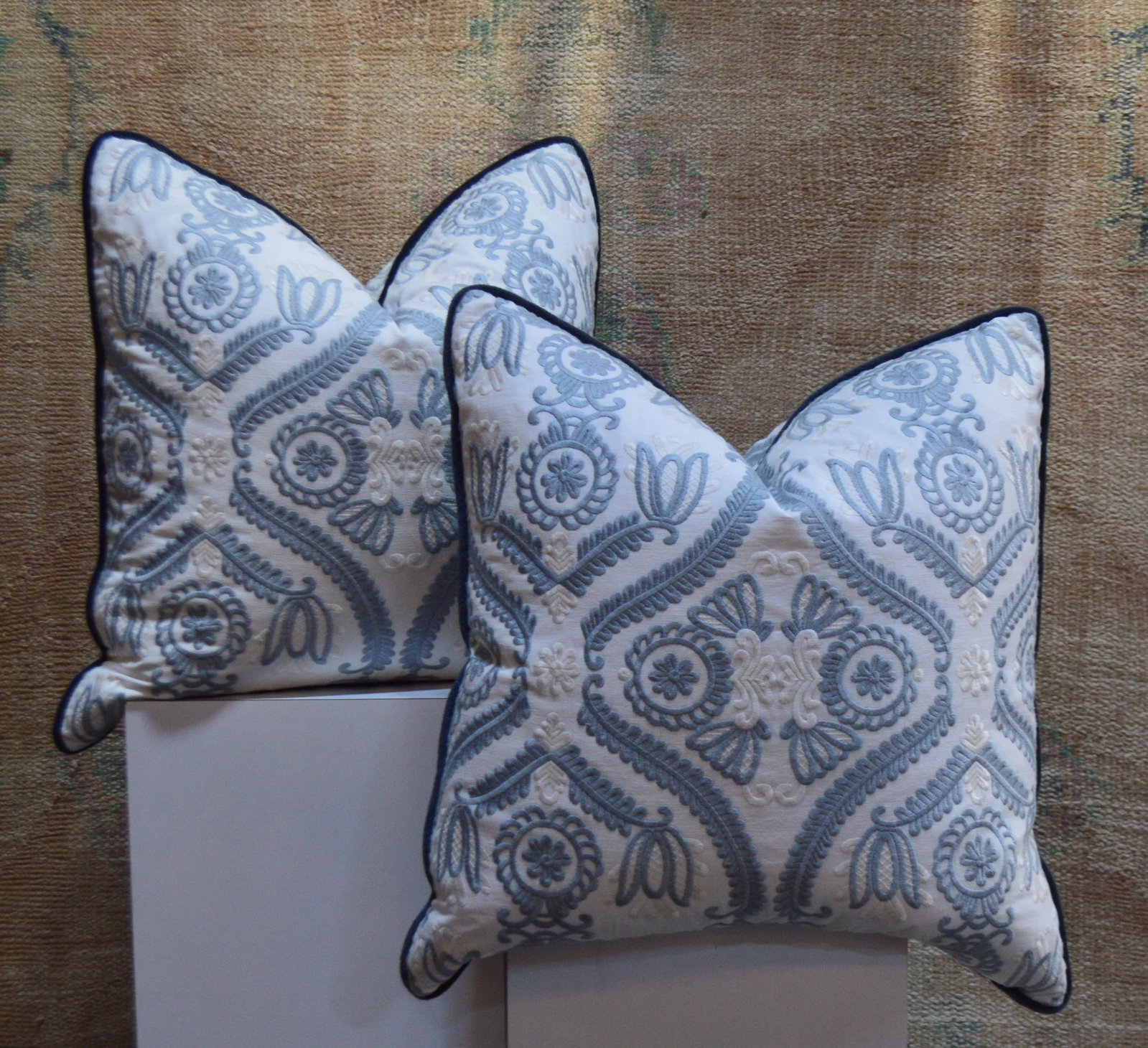 New Blue and White Embroidered Damask Throw Pillows 22in. X 22in. - a Pair - 4
