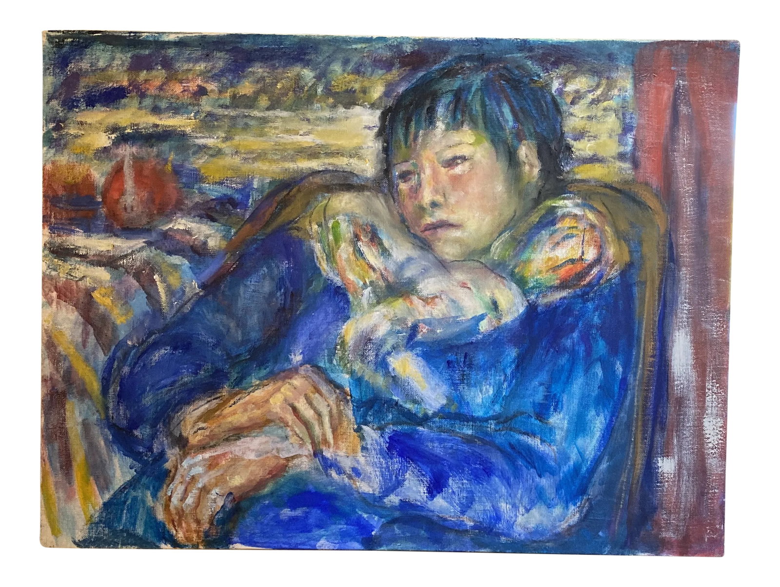 1970s Blue Period Original Handpainted Painting: Reminiscent of the blu style of art, this painting depicts a person and a pensive repose. Perfect to add character to any space. Condition: Alterations: Original Condition Unaltered Imperfections: