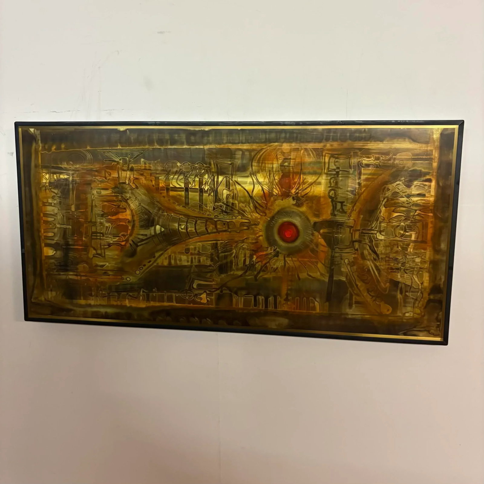 Bernhard Rohne 1973 Etched Brass Wall Art With Red Enamel Detail - 10