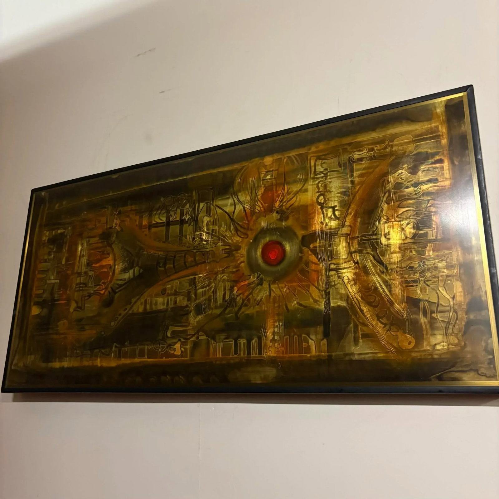 Bernhard Rohne 1973 Etched Brass Wall Art With Red Enamel Detail - 12