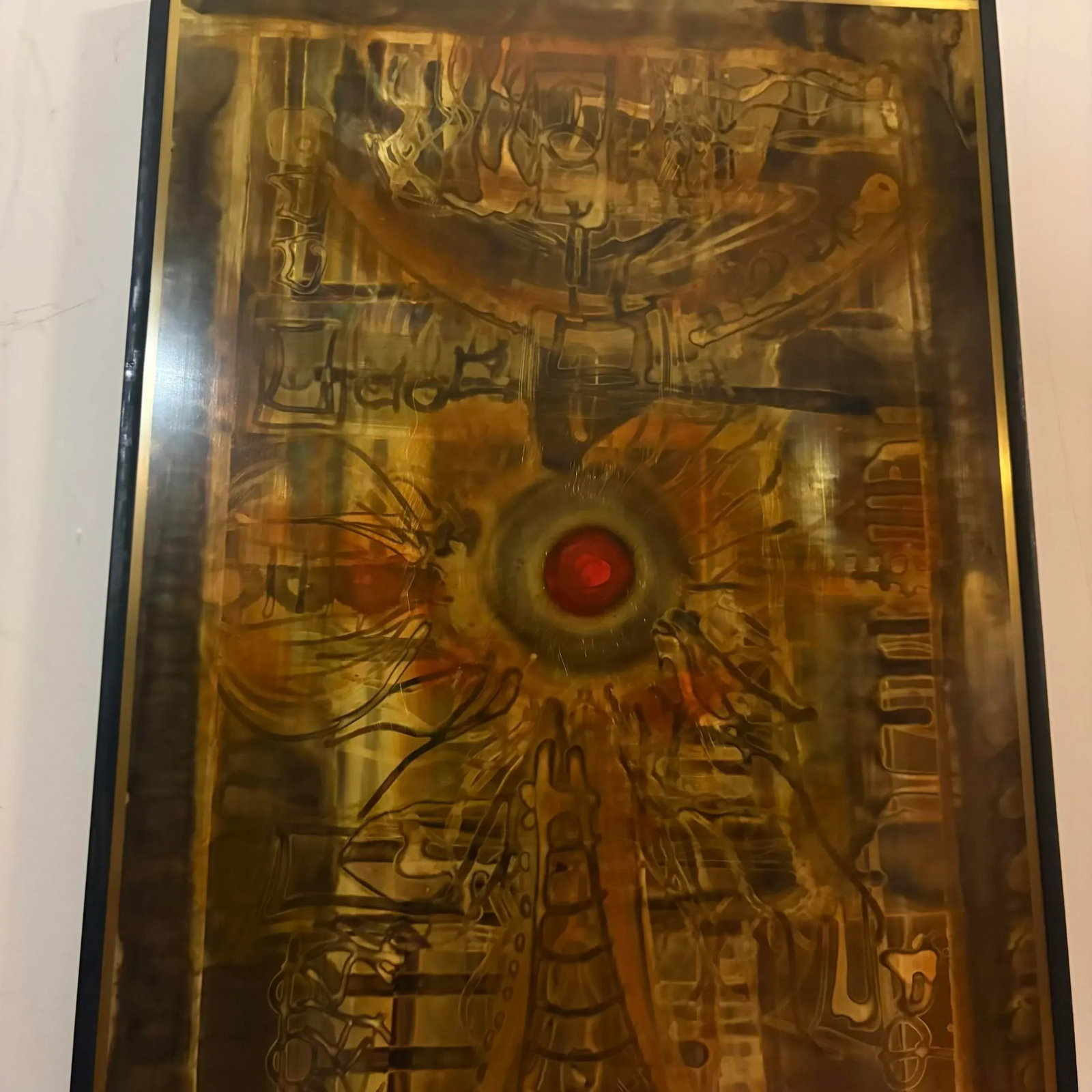 Bernhard Rohne 1973 Etched Brass Wall Art With Red Enamel Detail - 13