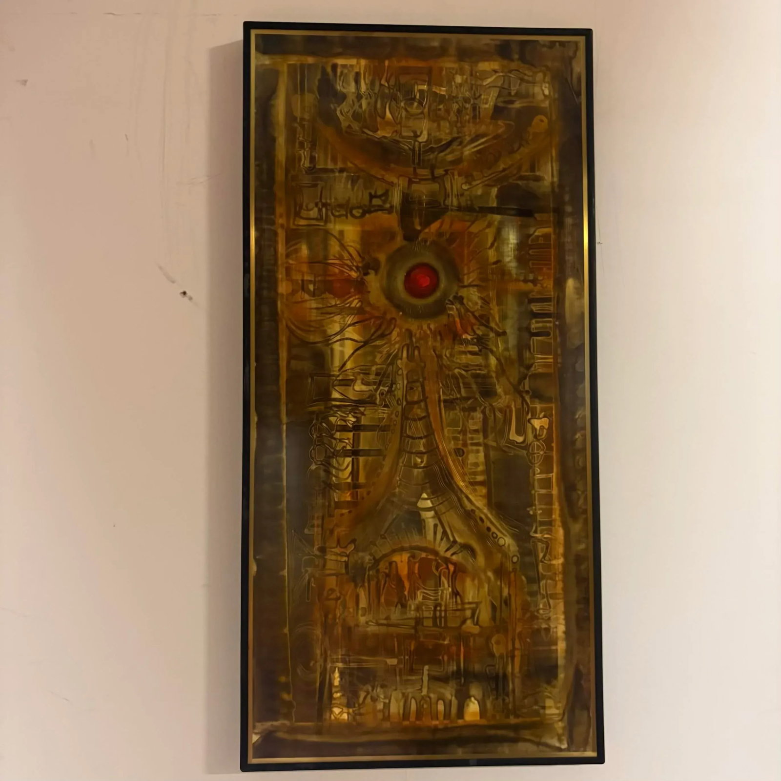 Bernhard Rohne 1973 Etched Brass Wall Art With Red Enamel Detail - 2