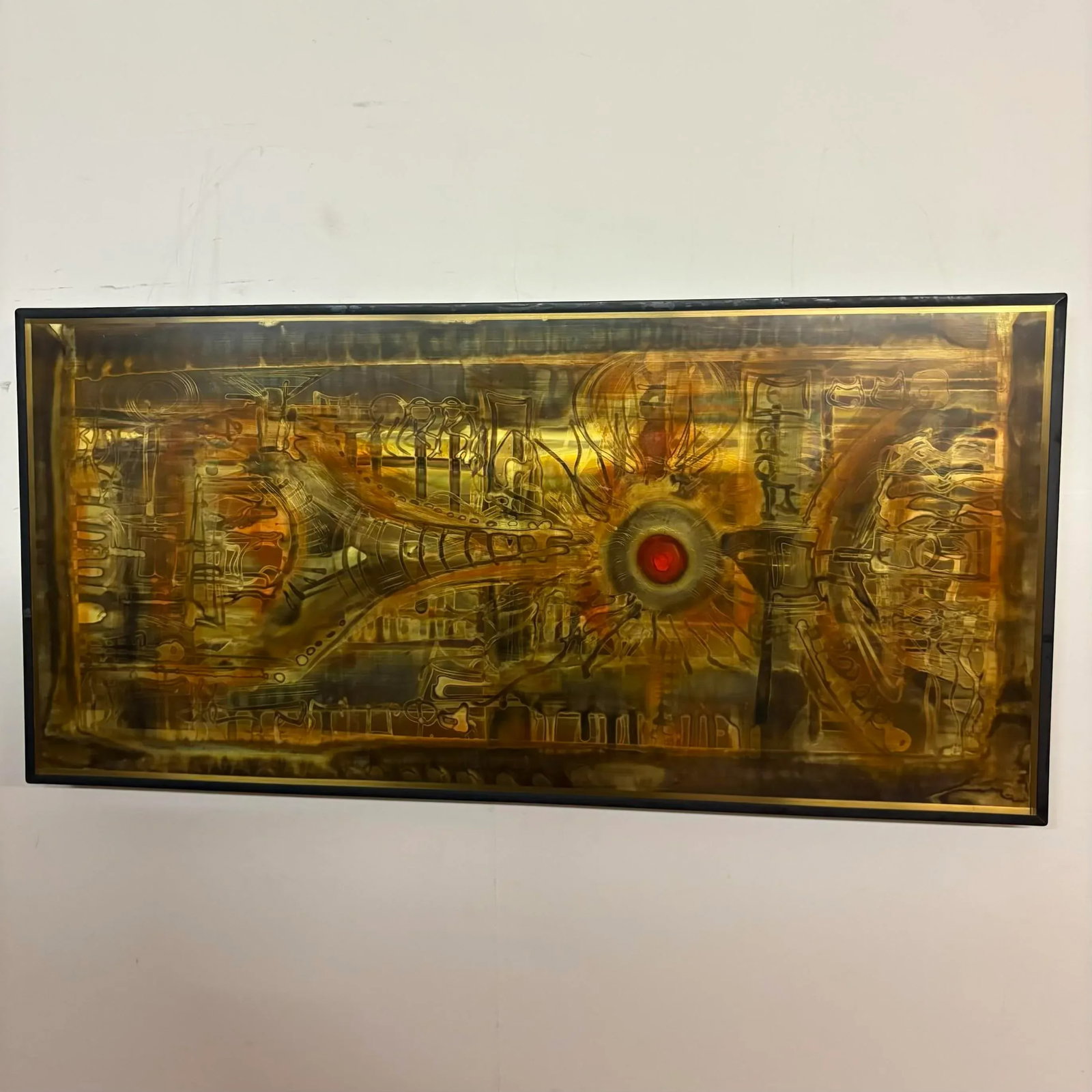 Bernhard Rohne 1973 Etched Brass Wall Art With Red Enamel Detail - 3