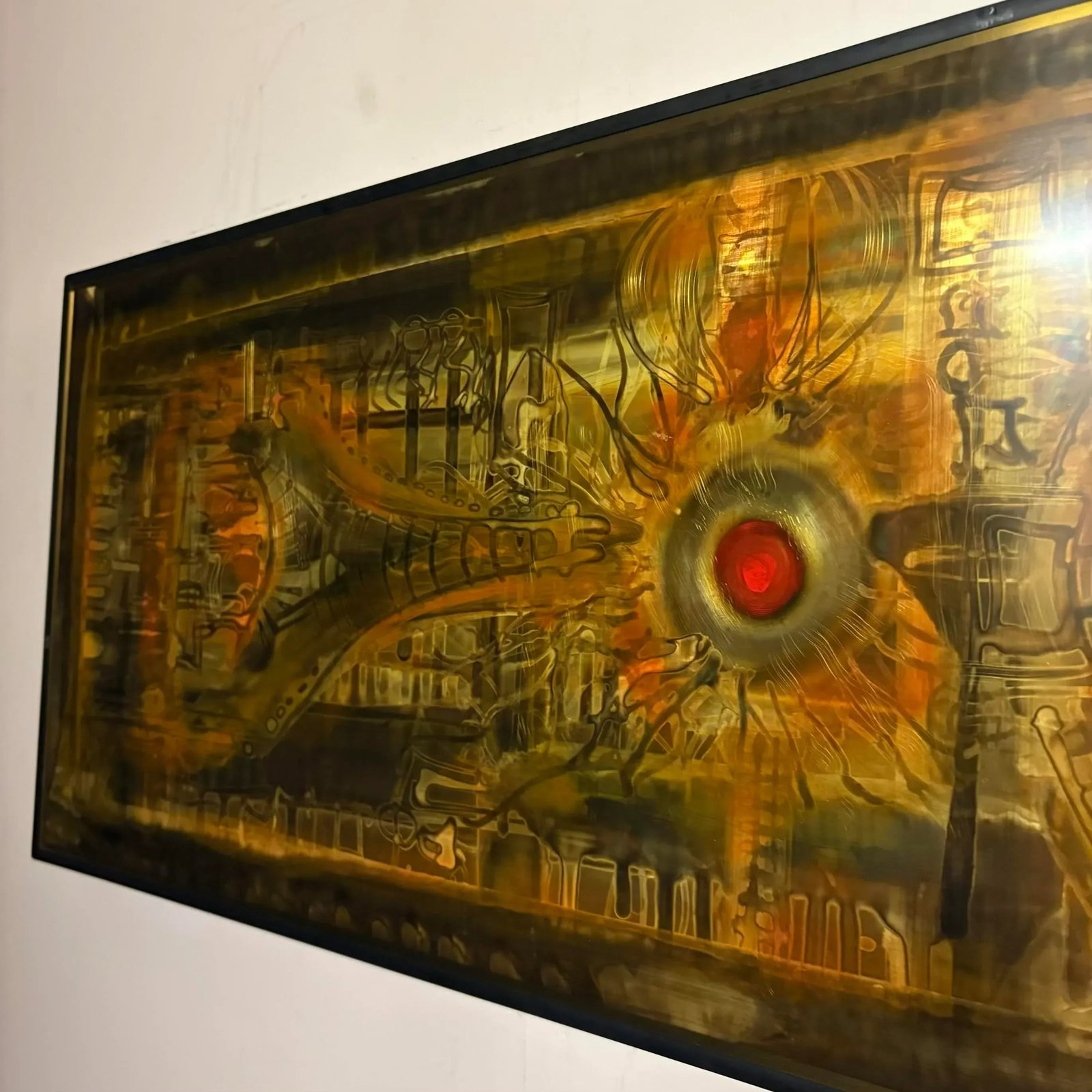 Bernhard Rohne 1973 Etched Brass Wall Art With Red Enamel Detail - 4