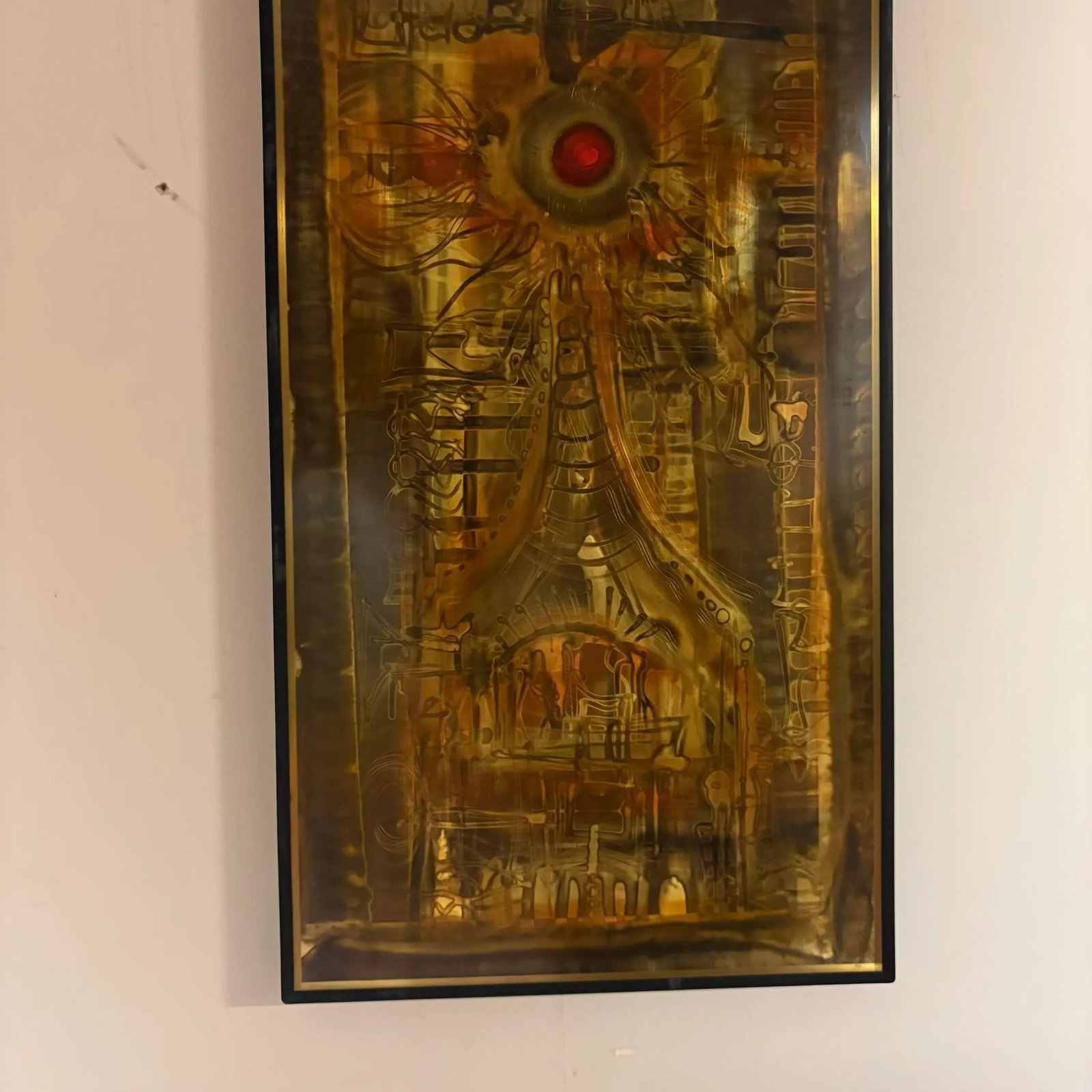 Bernhard Rohne 1973 Etched Brass Wall Art With Red Enamel Detail - 7