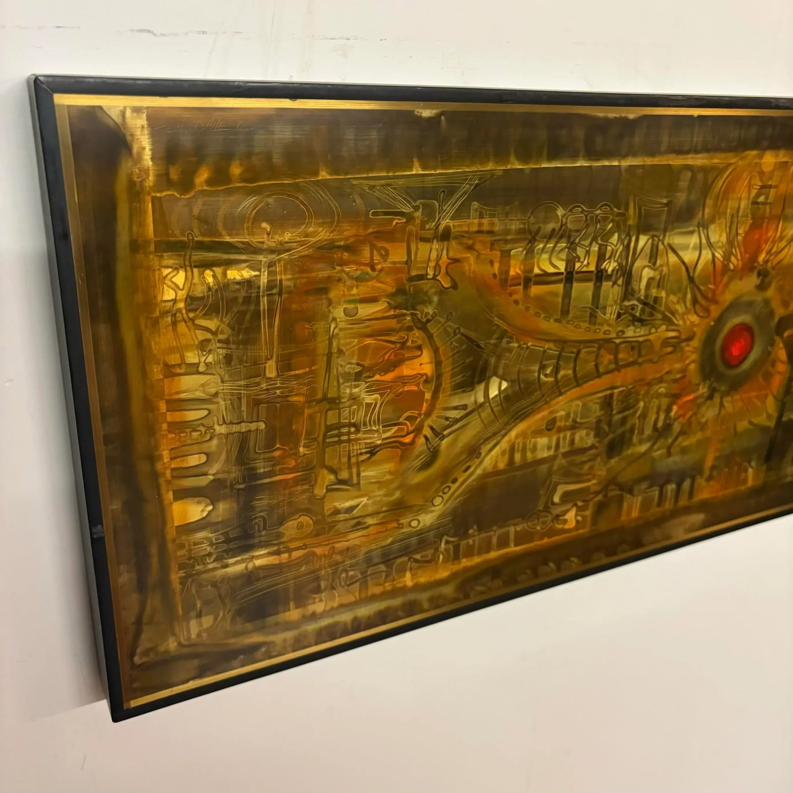 Bernhard Rohne 1973 Etched Brass Wall Art With Red Enamel Detail - 8