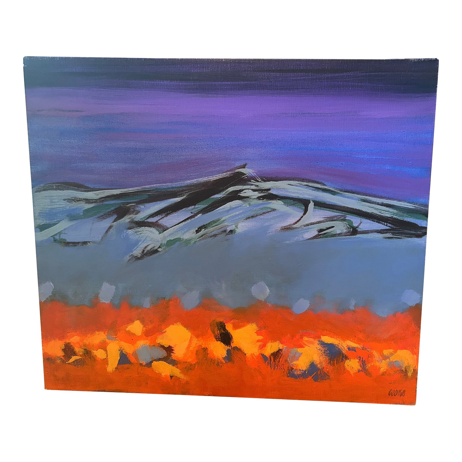 Original Painting From Santa Fe Series by Thomas George: Eye catching powerful painting of a looming mountain against purple sky with fiery foreground. Painterly and powerful art by famous Princeton artist Thomas George. Thomas George (1918-2014) was an