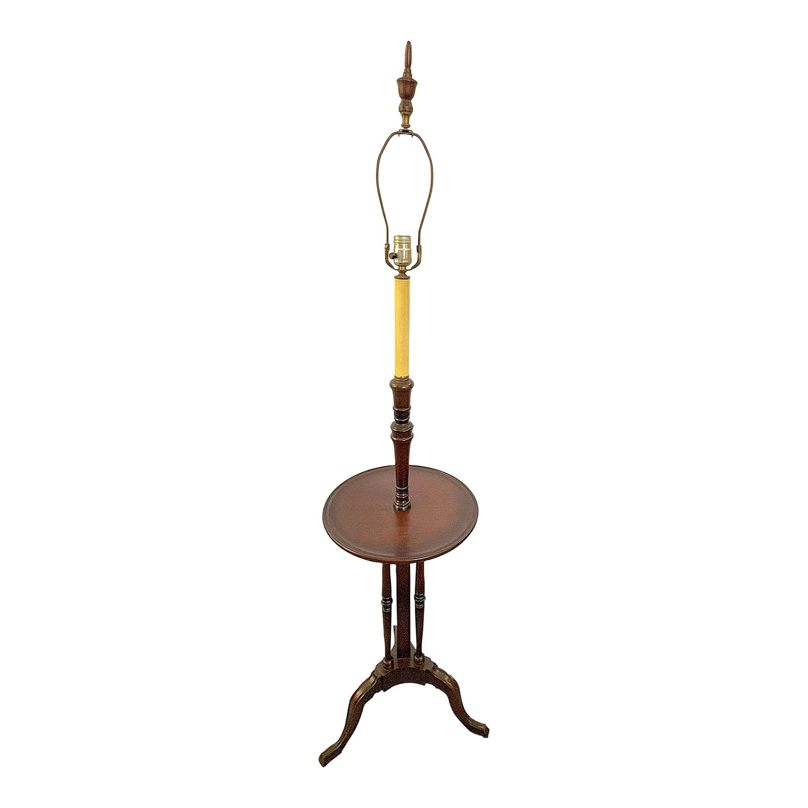 Vintage Wood Lamp Table With Matching Wood Finial: Delightful wood lamp table from the mid 20th century. It is possibly made of mahogany with a matching wood finial. Shade shown is not included. Acquired from a Jupiter Island Estate in 2025. A
