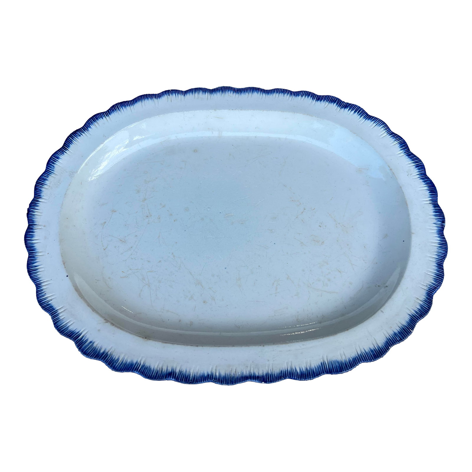 Antique Pearlware Blue Feather Edge Platter, Circa 1820's: Antique Pearlware Blue Feather Edge Platter, Circa 1820's Made in the Staffordshire district of England, circa 1810-1830 Blue glazed feather edge, with a pearlware clay body. Size: 15 3/4" by 12