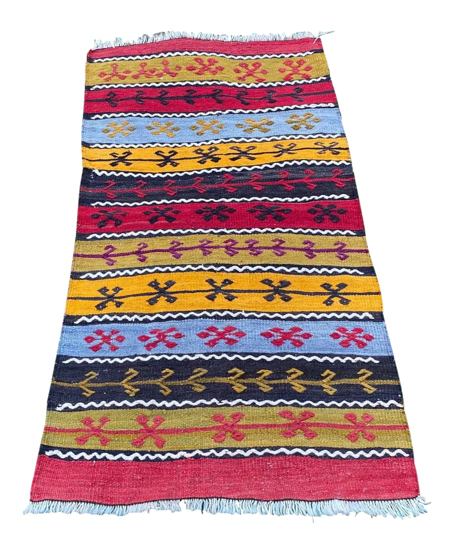 Vintage Embroidered Handmade Boho Kilim Rug: All rugs have been professionally cleaned; original condition is not altered, age-related wear is considered normal in these unique, hand woven vintage rugs. It is common for slight variations in