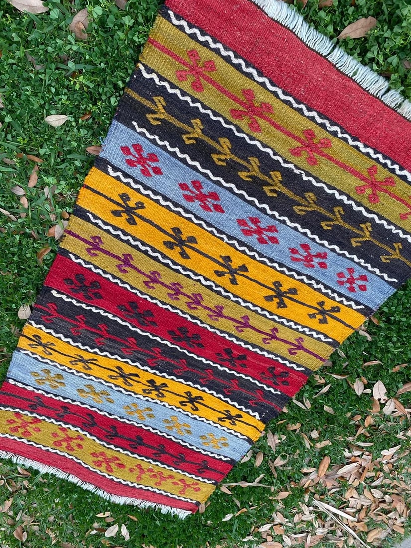 Vintage Embroidered Handmade Boho Kilim Rug - 2