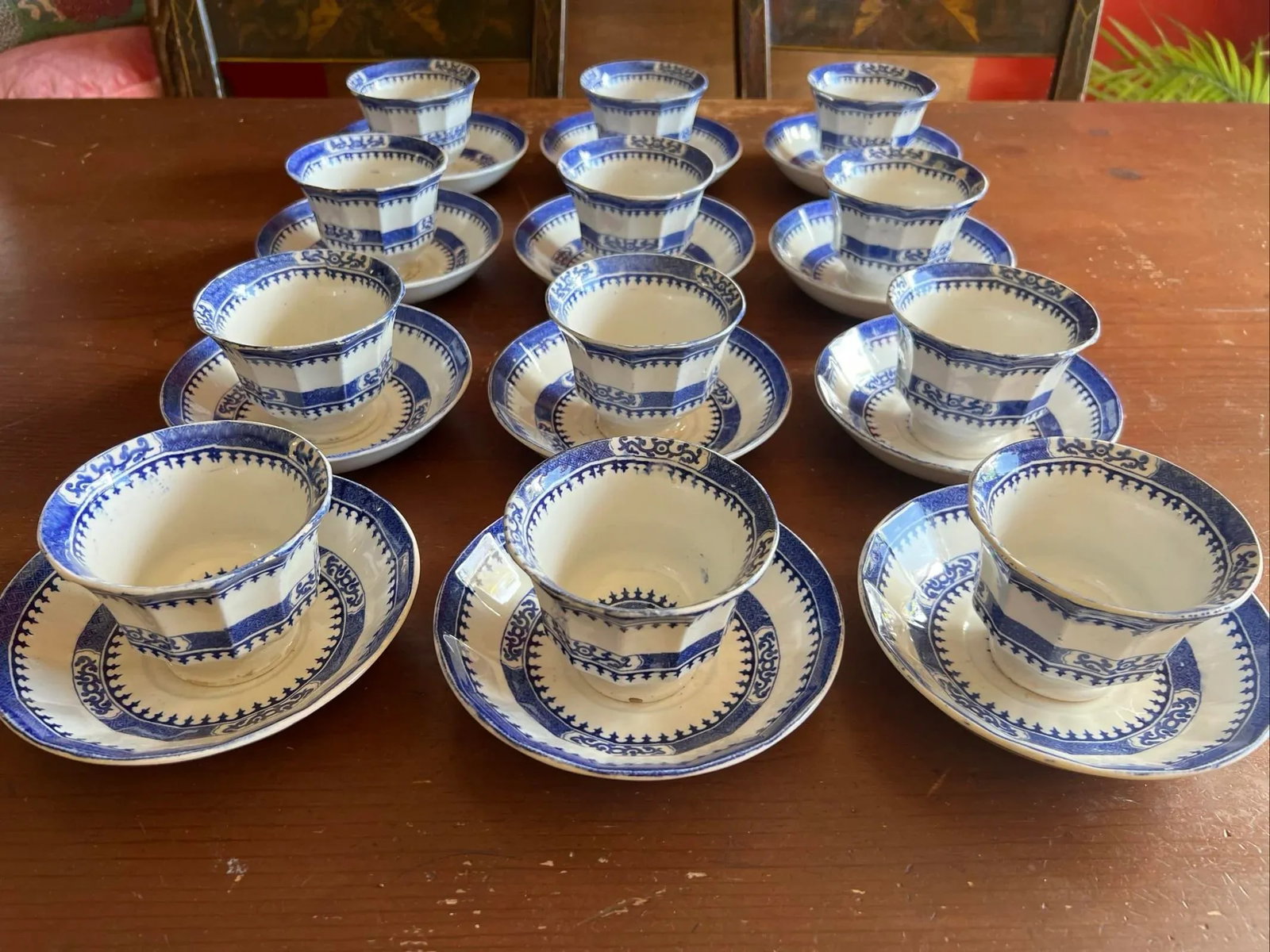 Mid 19th Century 12 Antique Blue Transfer Decorated Cup & Saucers, "Dagger Border" by J. Wedgwood - 10