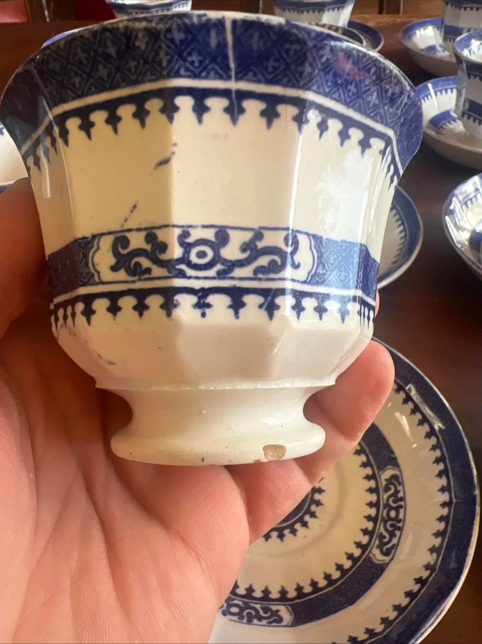 Mid 19th Century 12 Antique Blue Transfer Decorated Cup & Saucers, "Dagger Border" by J. Wedgwood - 11