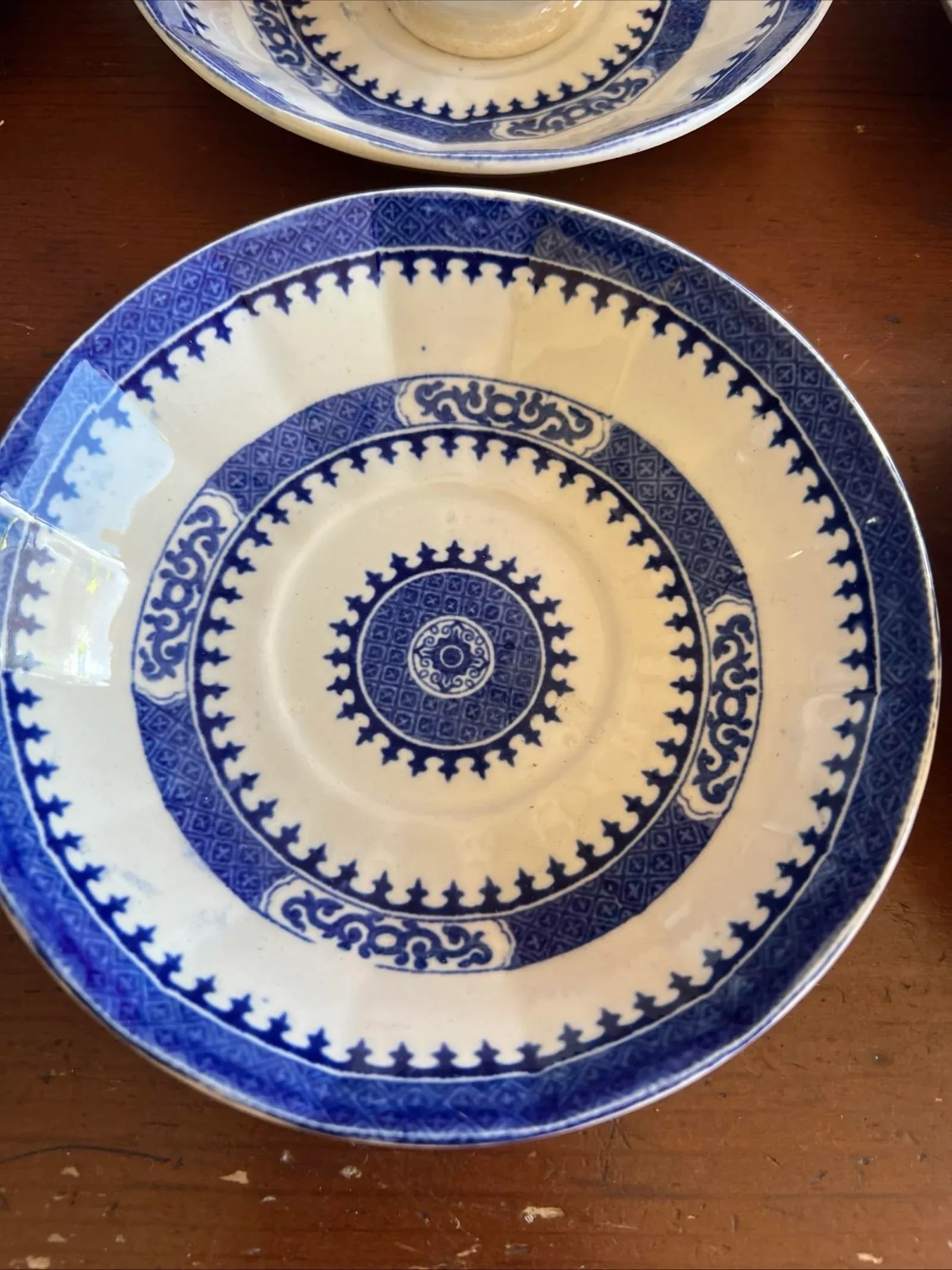 Mid 19th Century 12 Antique Blue Transfer Decorated Cup & Saucers, "Dagger Border" by J. Wedgwood - 12