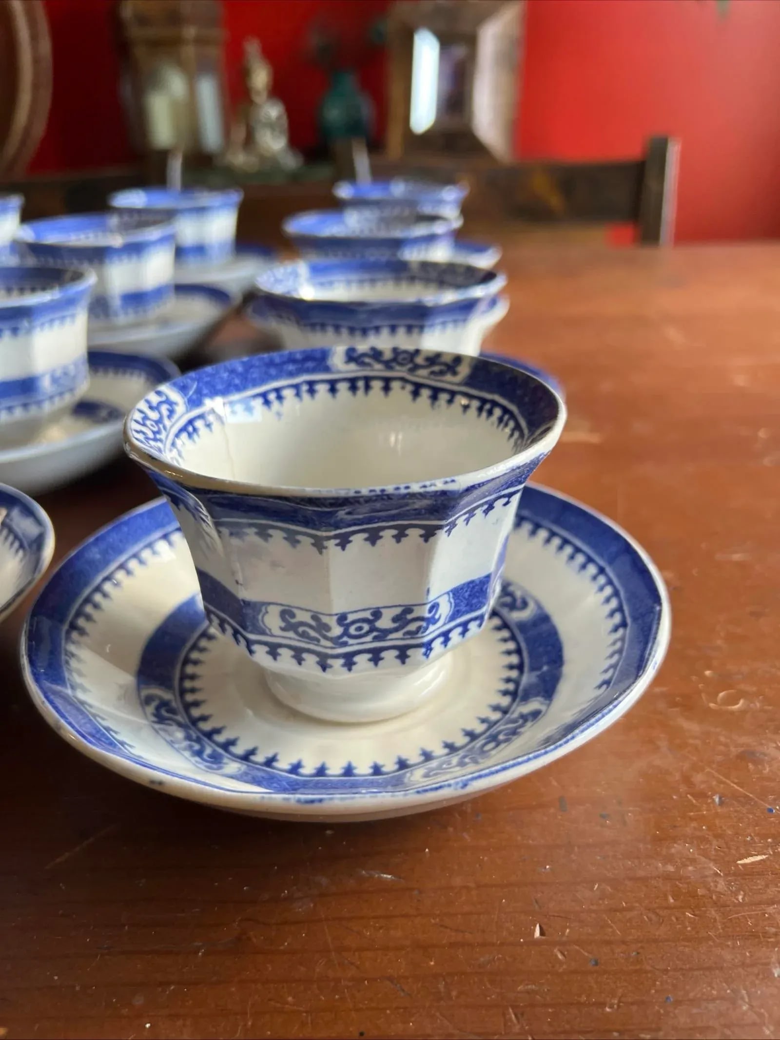 Mid 19th Century 12 Antique Blue Transfer Decorated Cup & Saucers, "Dagger Border" by J. Wedgwood - 2