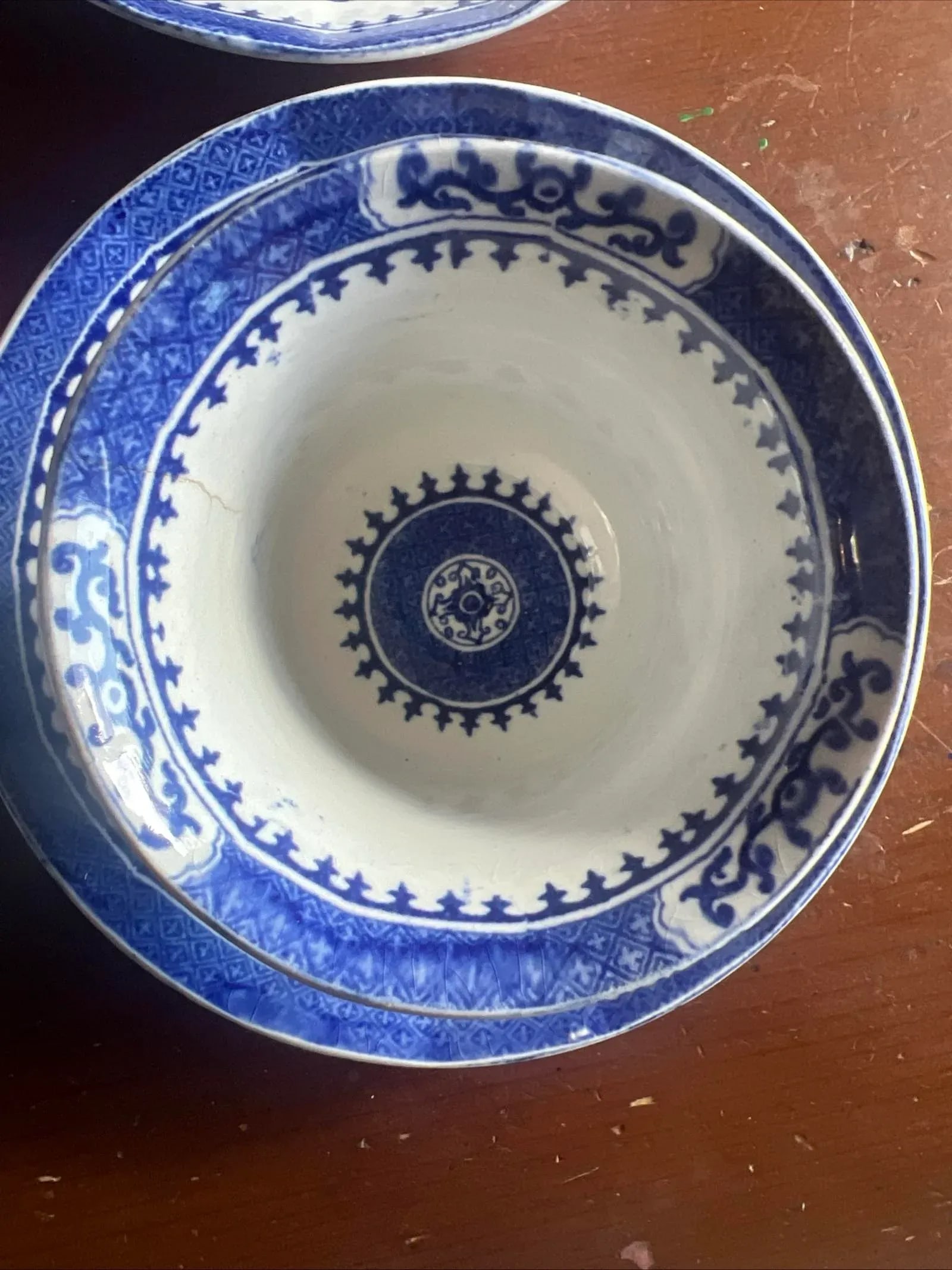 Mid 19th Century 12 Antique Blue Transfer Decorated Cup & Saucers, "Dagger Border" by J. Wedgwood - 3