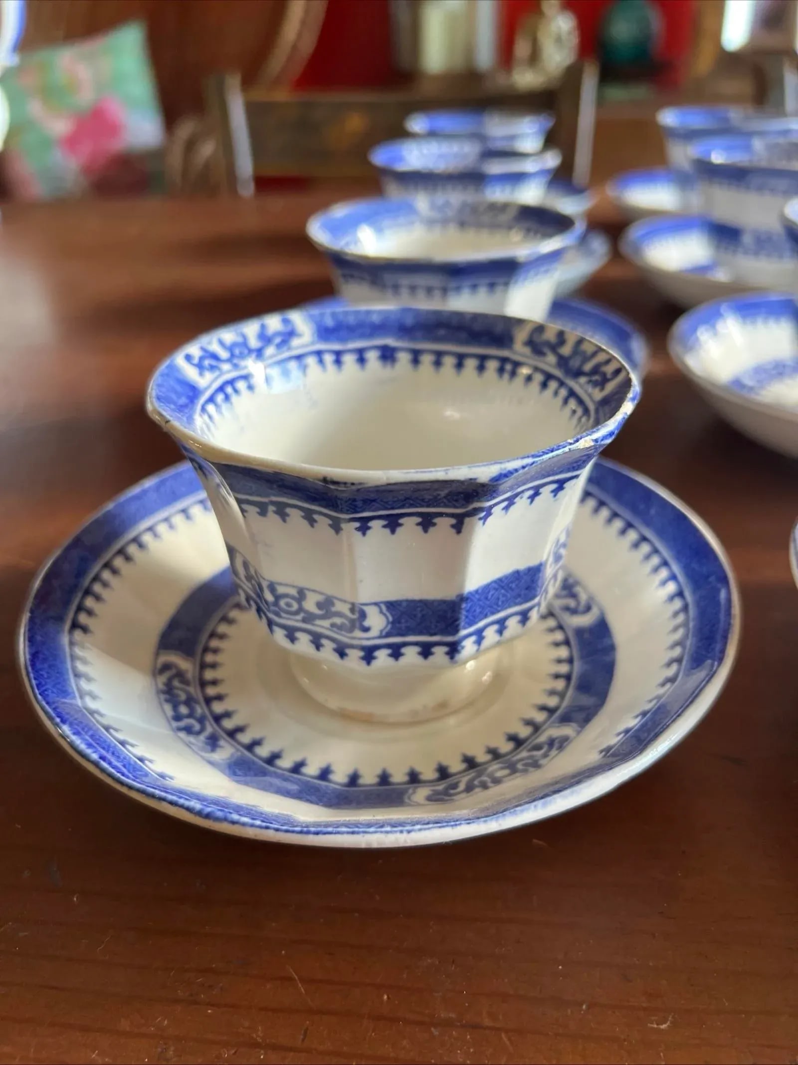 Mid 19th Century 12 Antique Blue Transfer Decorated Cup & Saucers, "Dagger Border" by J. Wedgwood - 4