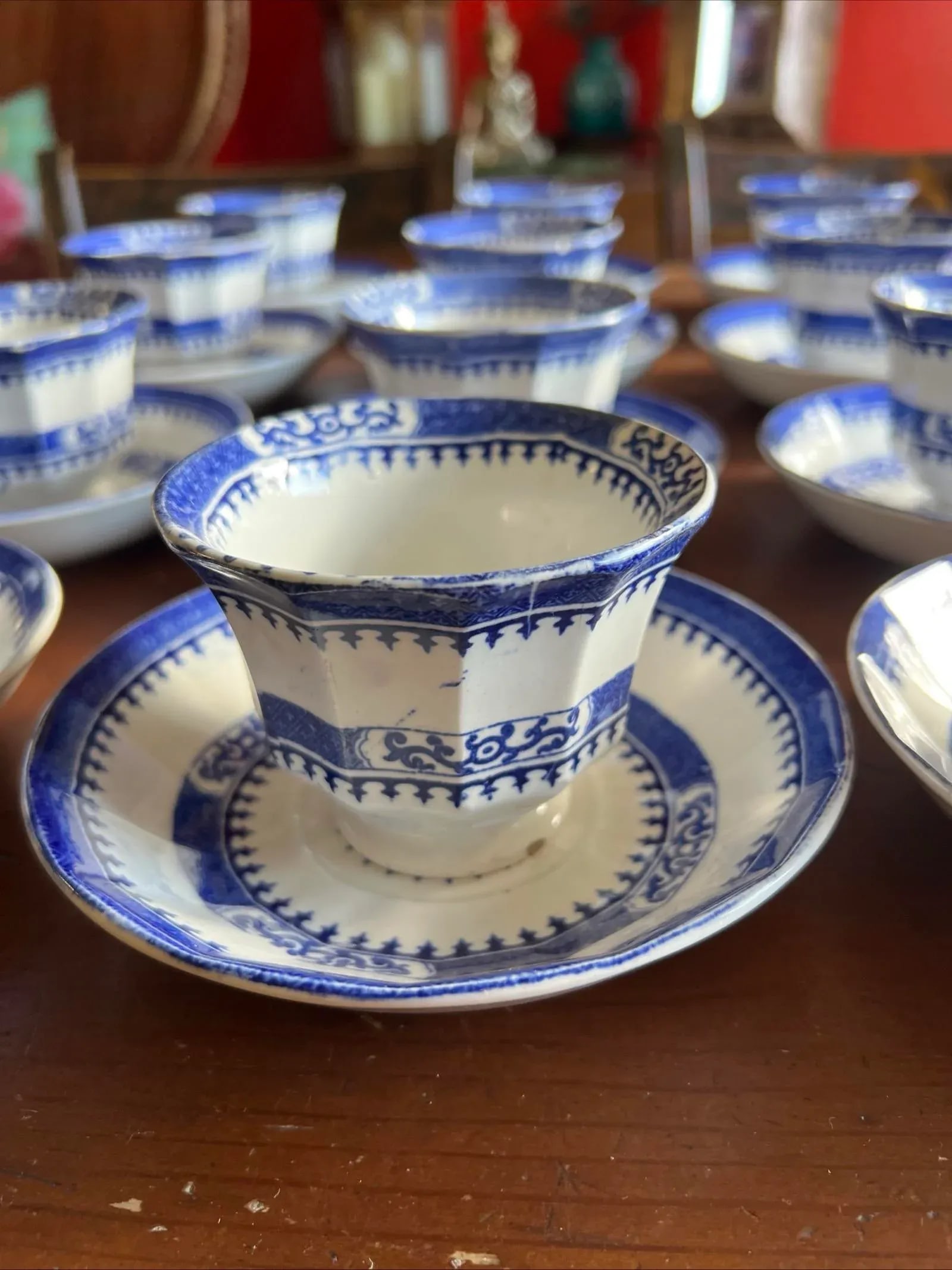 Mid 19th Century 12 Antique Blue Transfer Decorated Cup & Saucers, "Dagger Border" by J. Wedgwood - 5