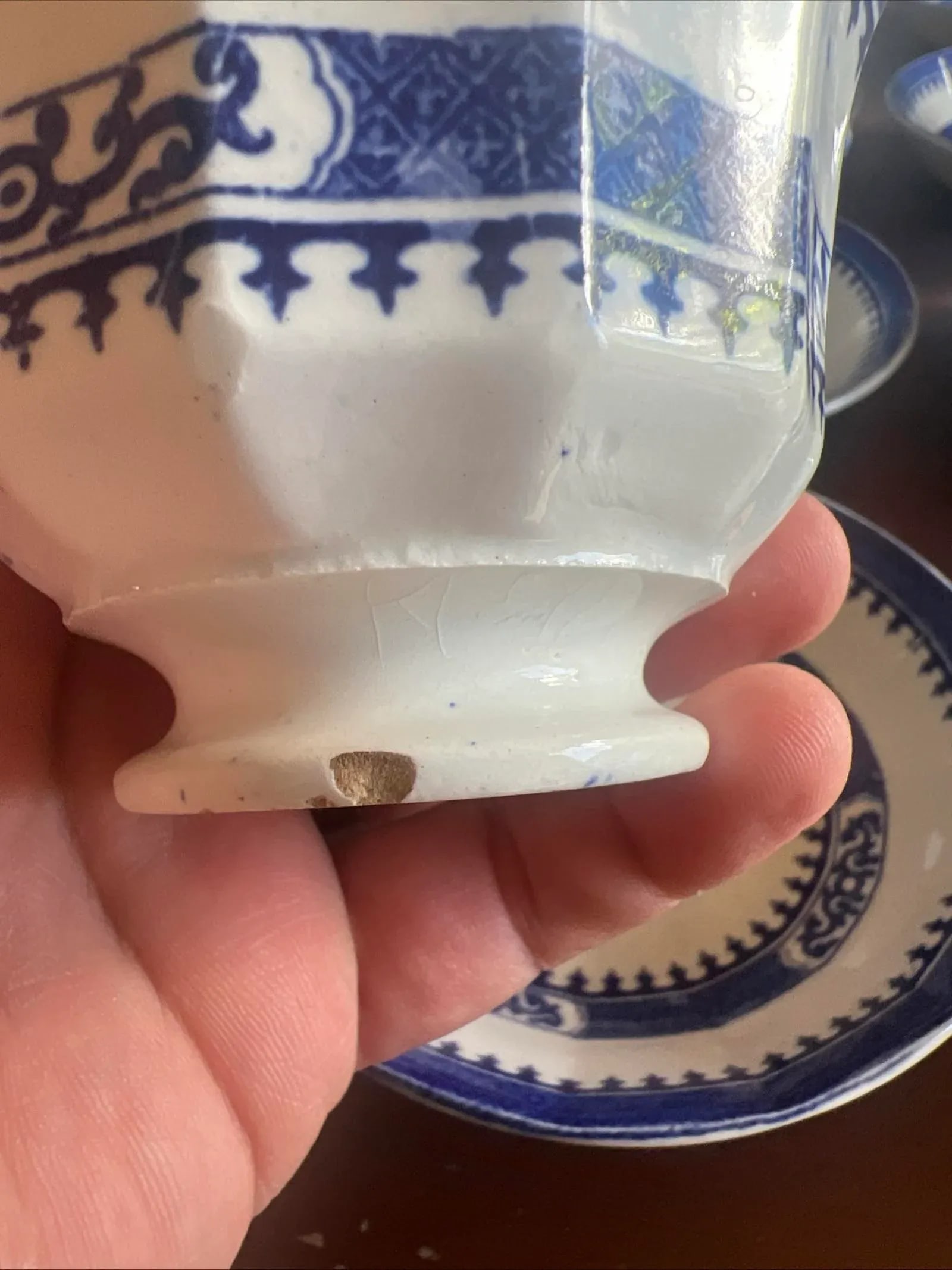 Mid 19th Century 12 Antique Blue Transfer Decorated Cup & Saucers, "Dagger Border" by J. Wedgwood - 6