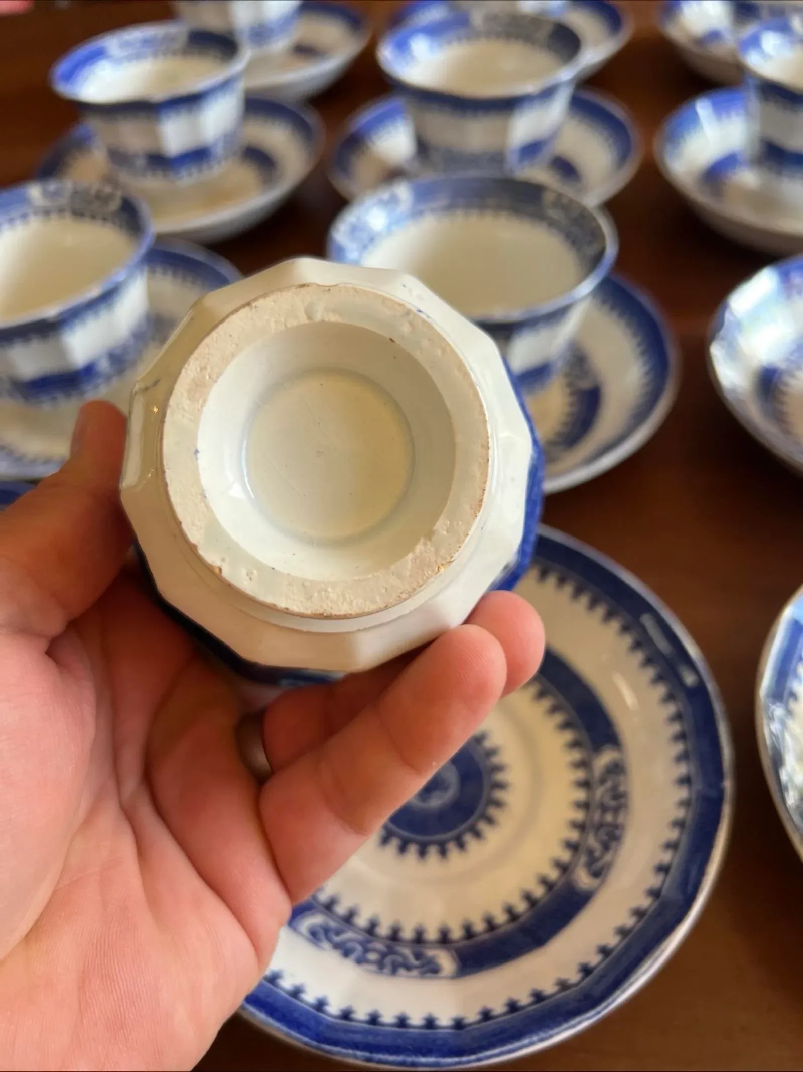 Mid 19th Century 12 Antique Blue Transfer Decorated Cup & Saucers, "Dagger Border" by J. Wedgwood - 7