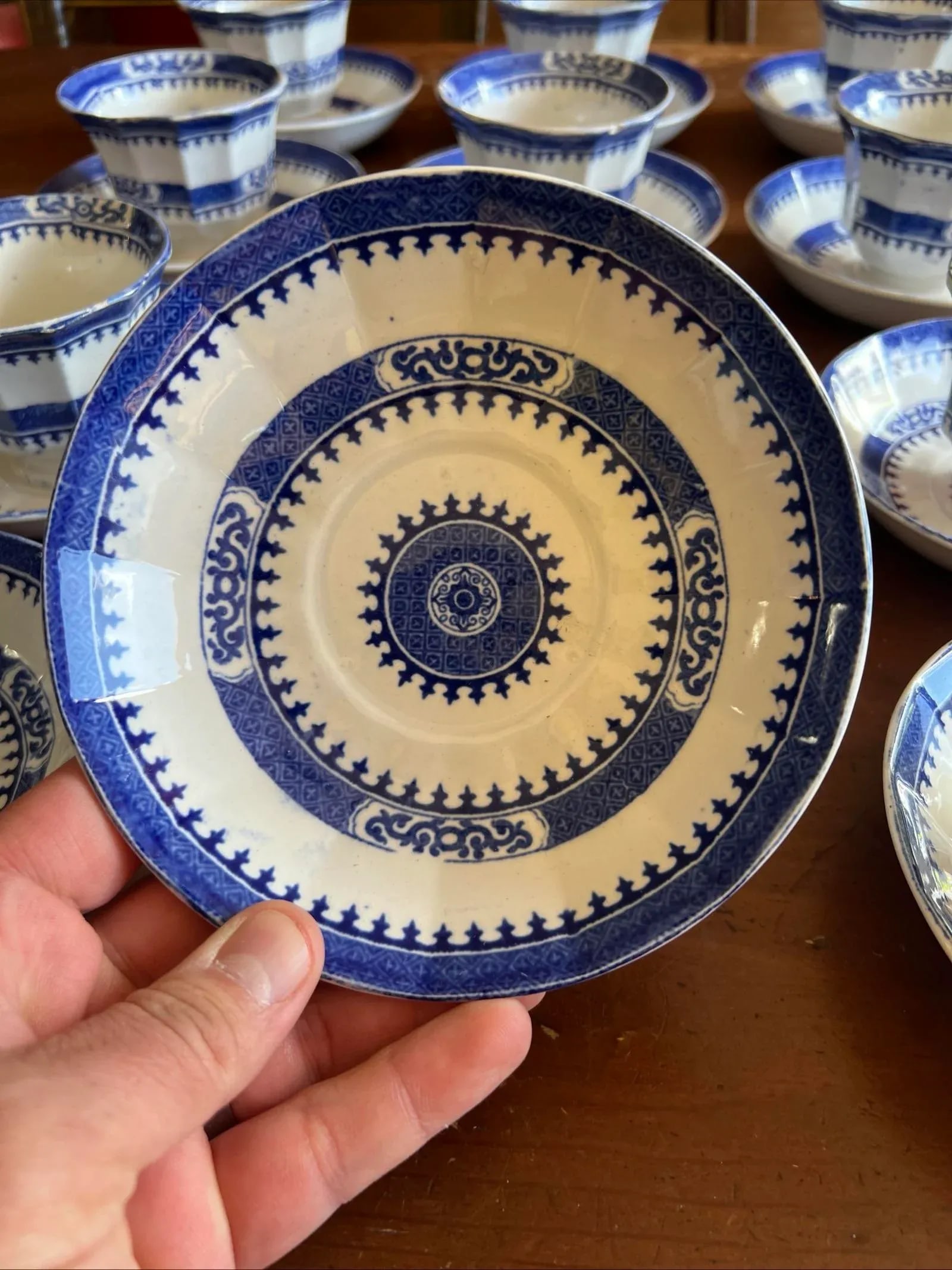 Mid 19th Century 12 Antique Blue Transfer Decorated Cup & Saucers, "Dagger Border" by J. Wedgwood - 9