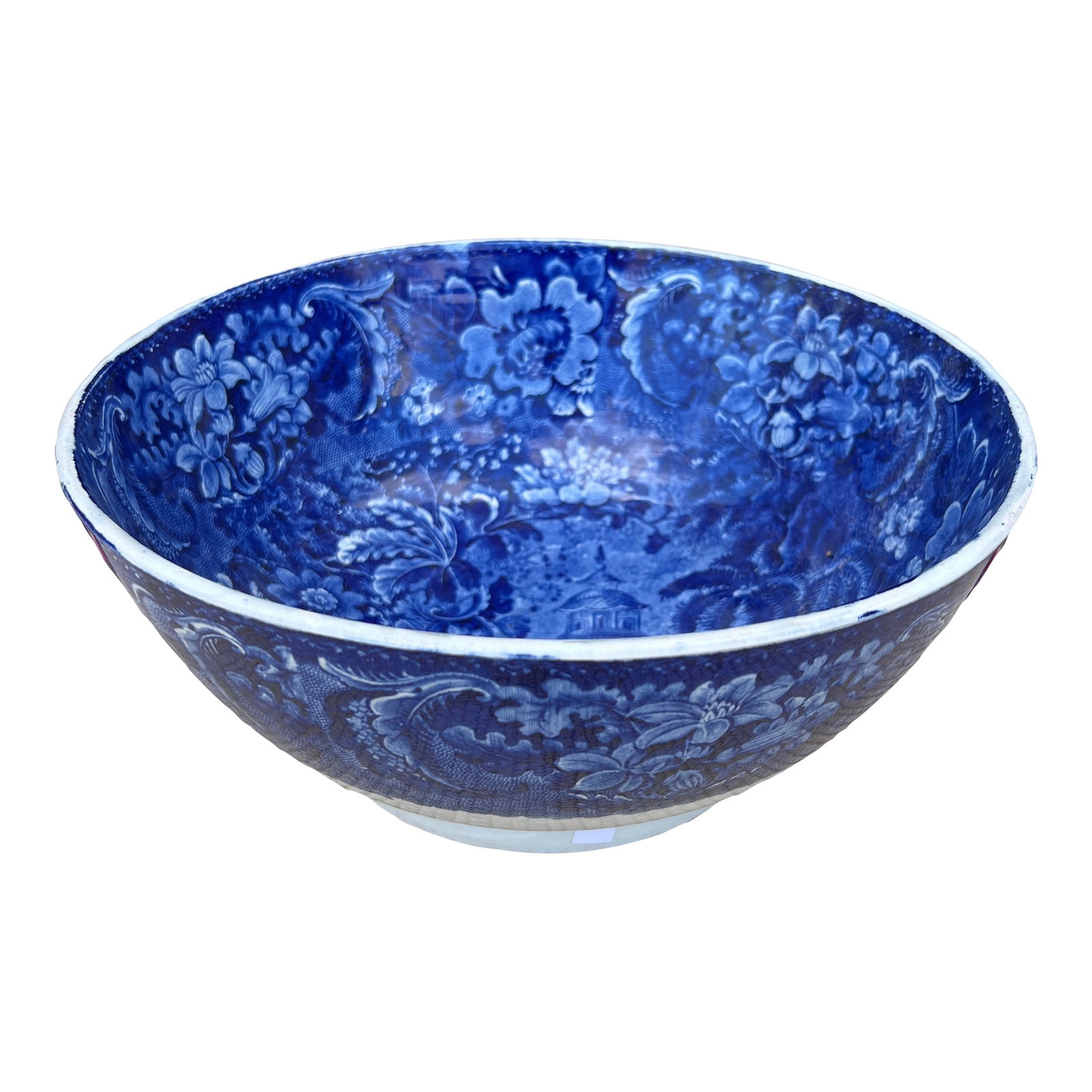 Antique Pearlware Historic Blue Transferware Decorated Punch Bowl, 1820's: A Antique Pearlware Historic Blue Transferware Decorated Punch Bowl, 1820's Unknown pattern, and maker. Pagoda/Chinoiserie pattern. Blue Transfer decoration over a pearlware clay body. Size: 11"