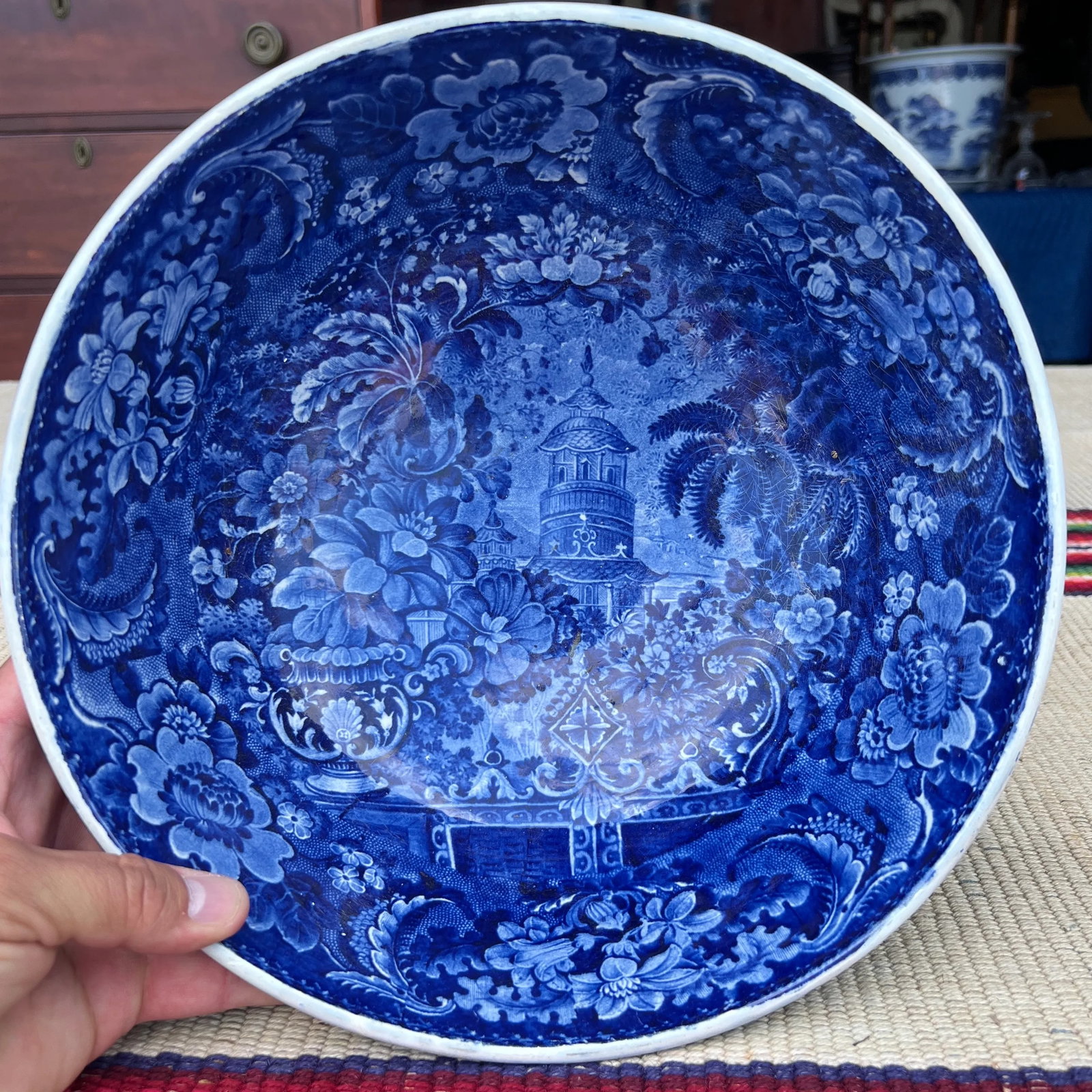 Antique Pearlware Historic Blue Transferware Decorated Punch Bowl, 1820's - 2