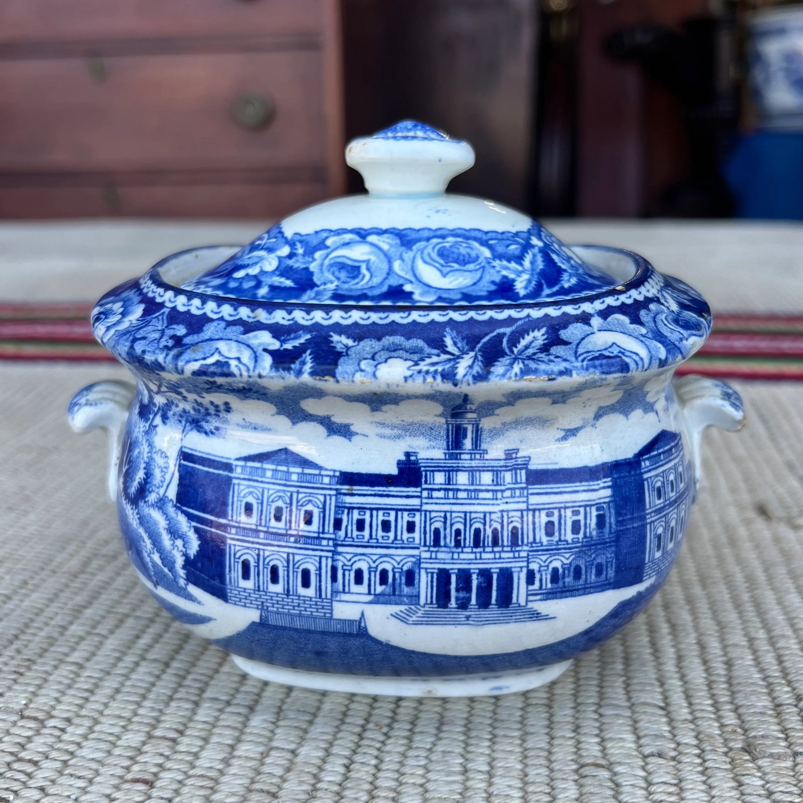 Antique Historical Blue Staffordshire Sugar Bowl, City Hall New York by Stubbs, Circa 1820 - 12