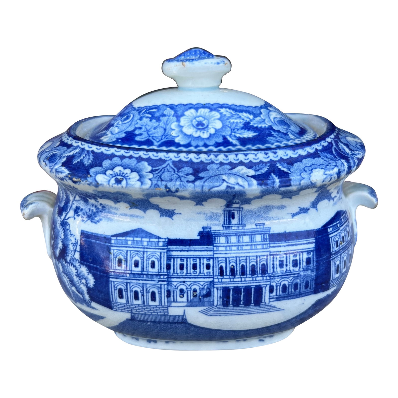 Antique Historical Blue Staffordshire Sugar Bowl, City Hall New York by Stubbs, Circa 1820: A Antique Historical Blue Staffordshire Sugar Bowl, City Hall New York by Stubbs, Circa 1820 Attributed to Joseph Stubbs of Longport, Burslem, Stoke on Trent, England. Circa 1822-1833 Unmarked. The