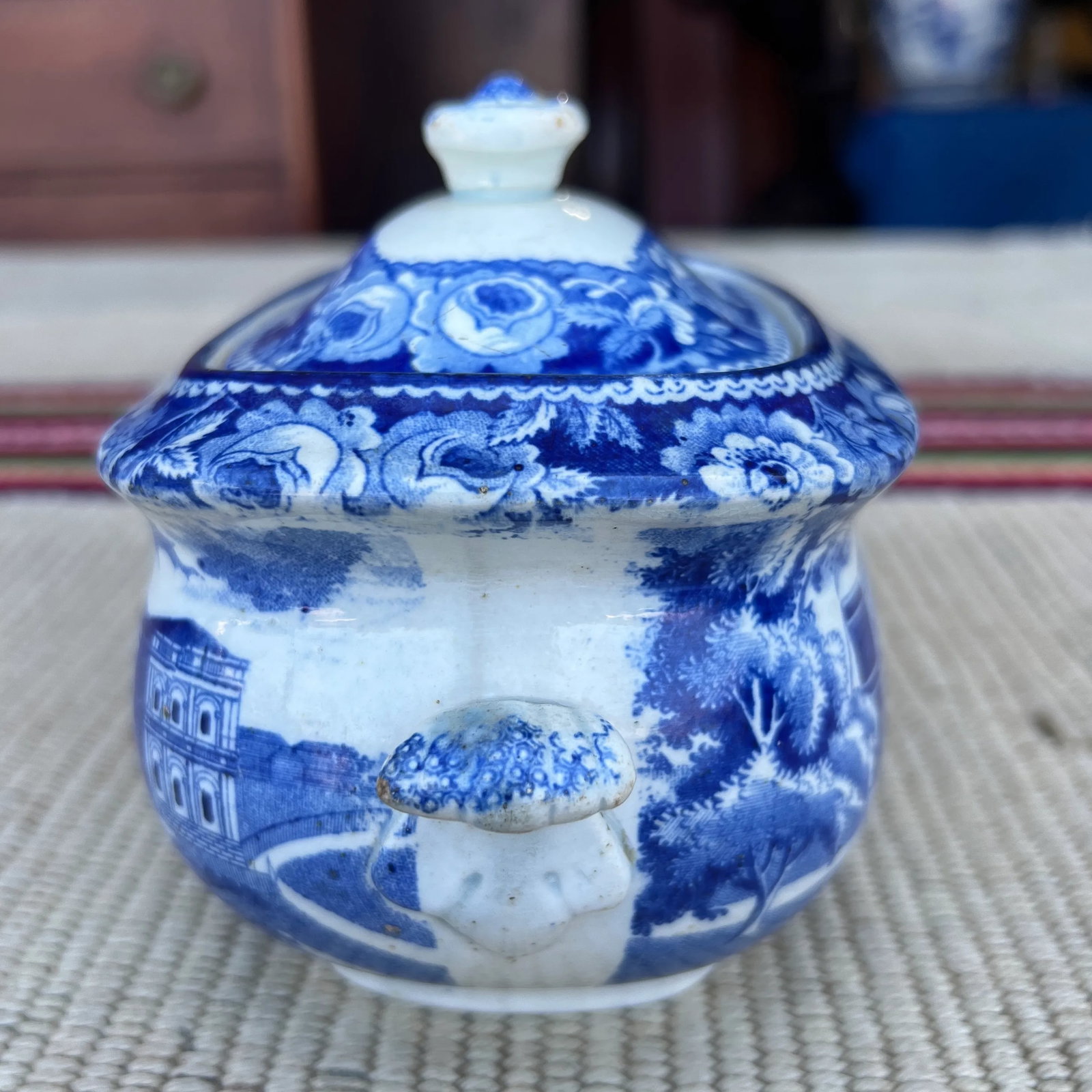 Antique Historical Blue Staffordshire Sugar Bowl, City Hall New York by Stubbs, Circa 1820 - 2
