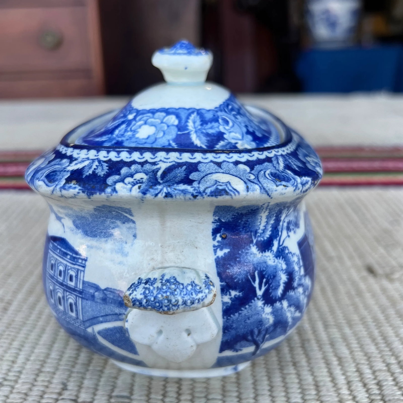 Antique Historical Blue Staffordshire Sugar Bowl, City Hall New York by Stubbs, Circa 1820 - 3
