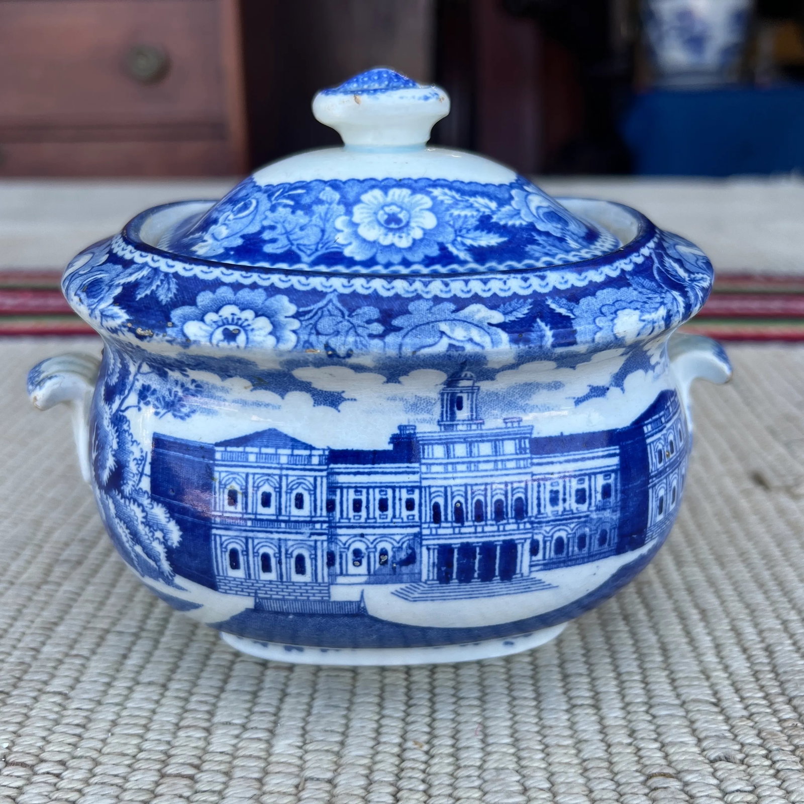 Antique Historical Blue Staffordshire Sugar Bowl, City Hall New York by Stubbs, Circa 1820 - 4