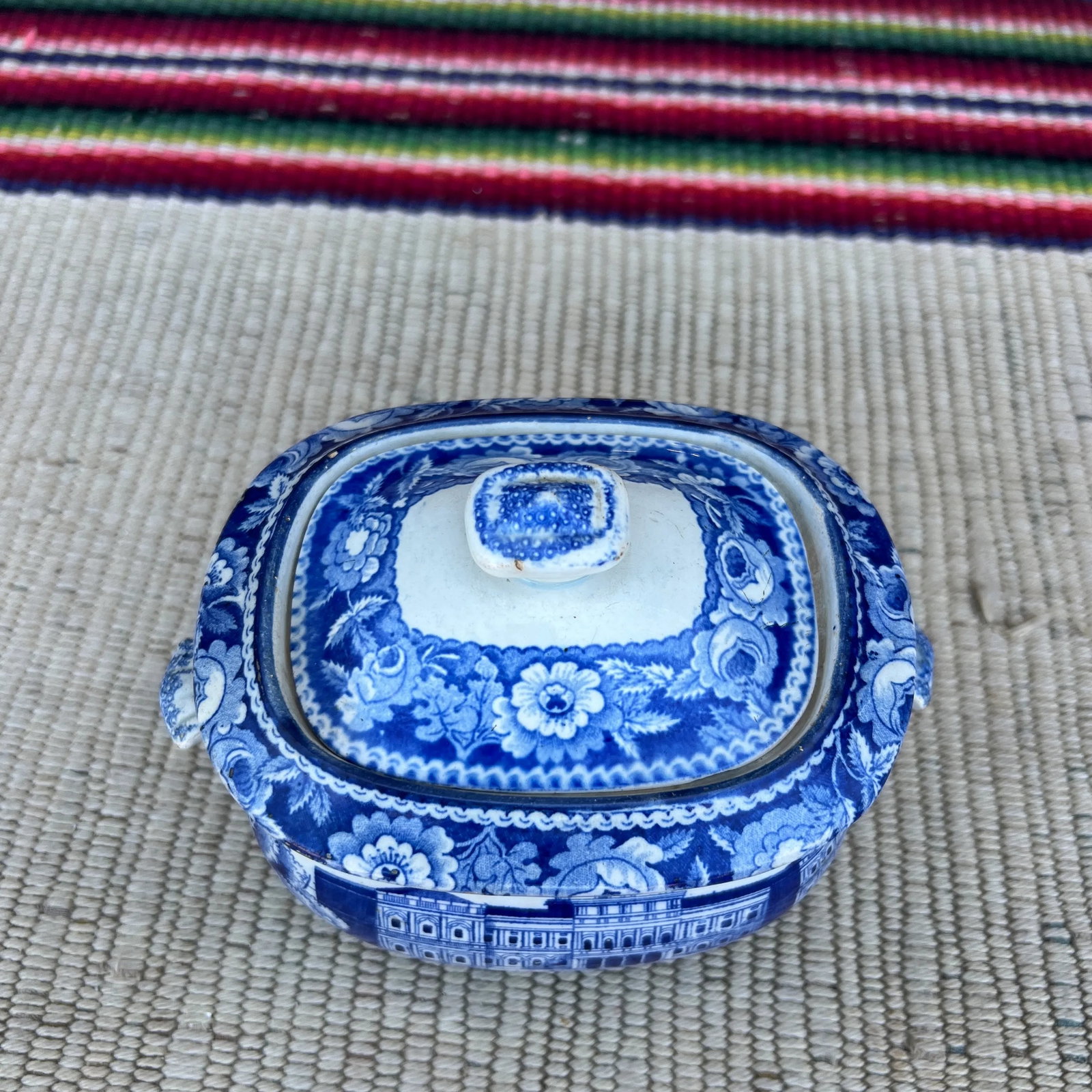 Antique Historical Blue Staffordshire Sugar Bowl, City Hall New York by Stubbs, Circa 1820 - 5