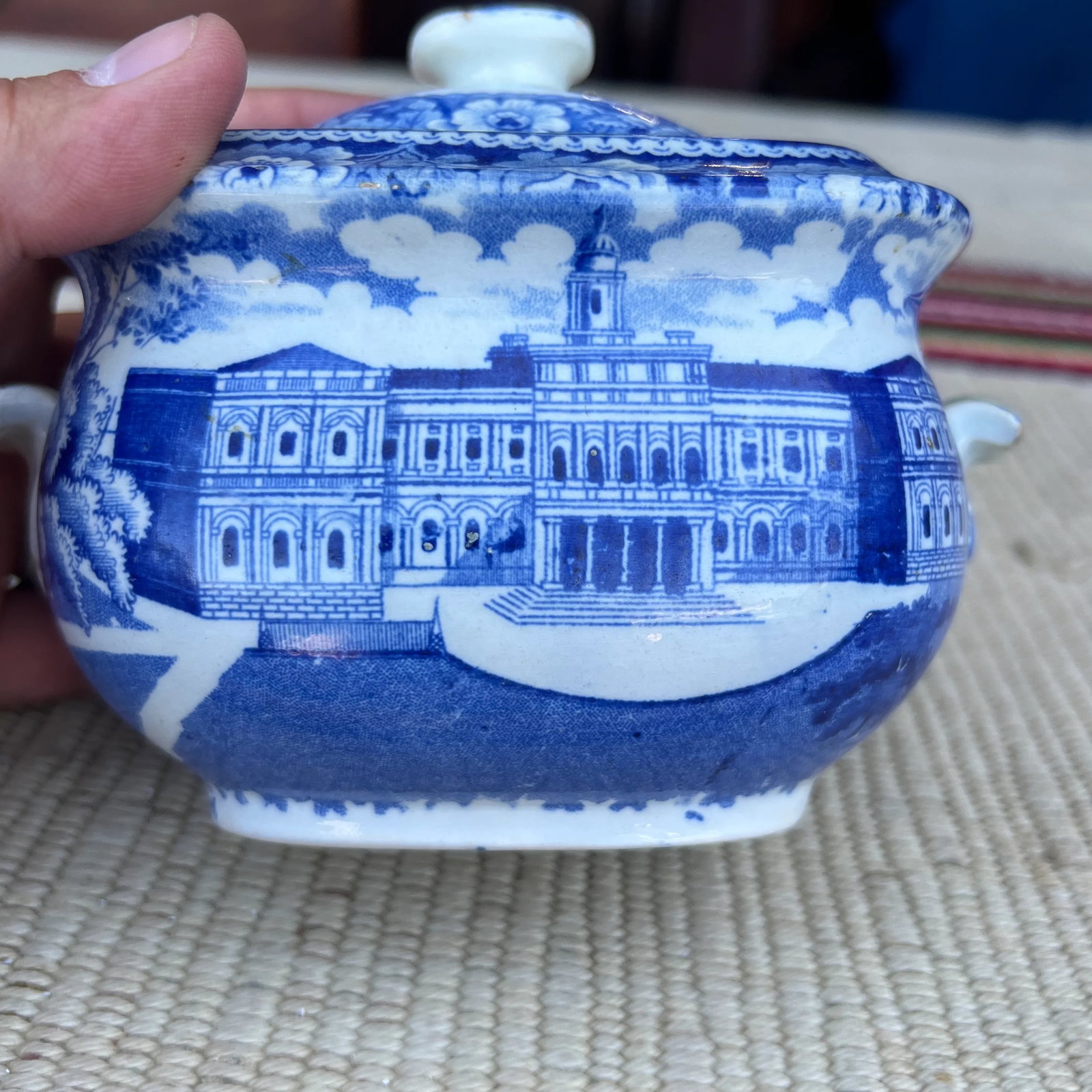 Antique Historical Blue Staffordshire Sugar Bowl, City Hall New York by Stubbs, Circa 1820 - 6