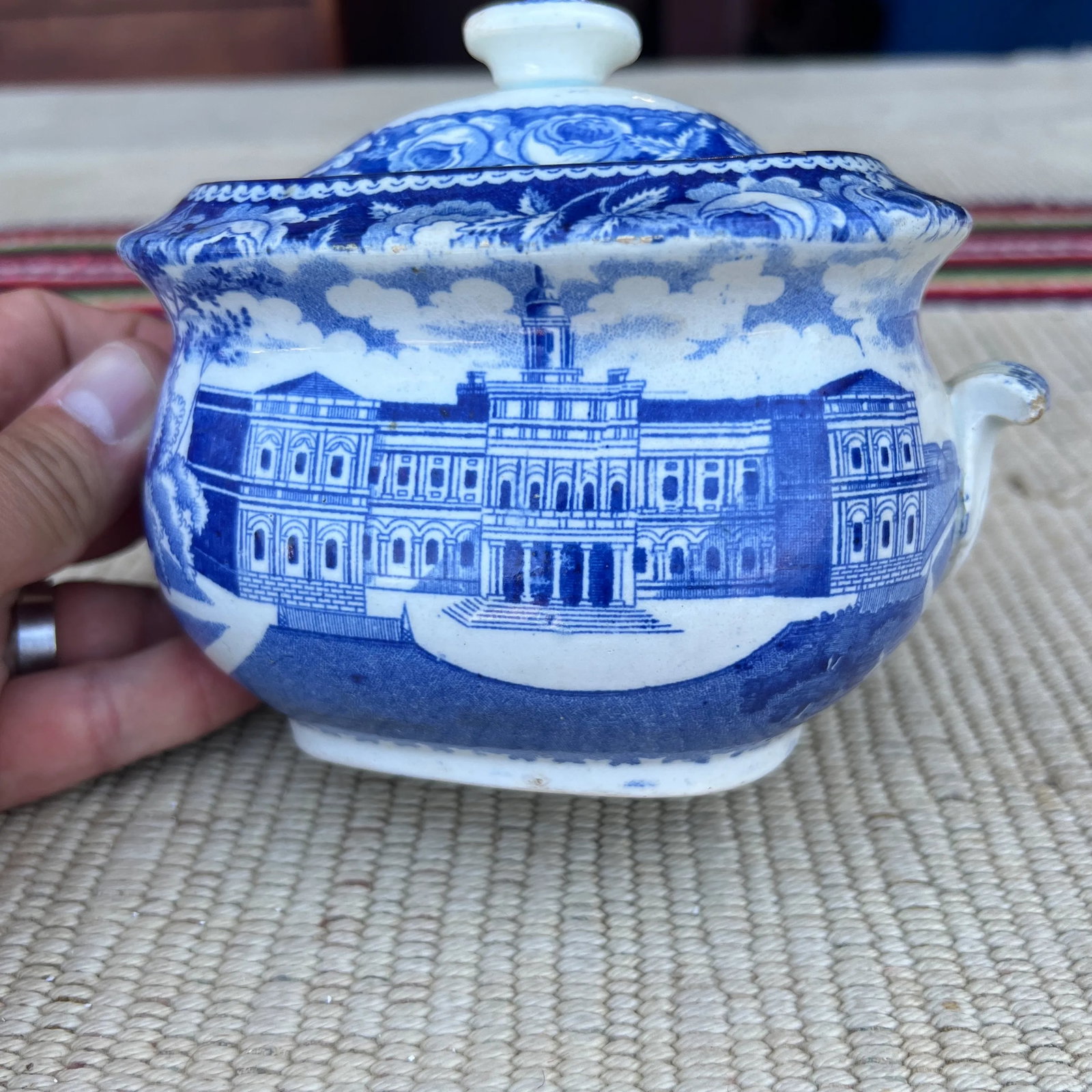 Antique Historical Blue Staffordshire Sugar Bowl, City Hall New York by Stubbs, Circa 1820 - 7