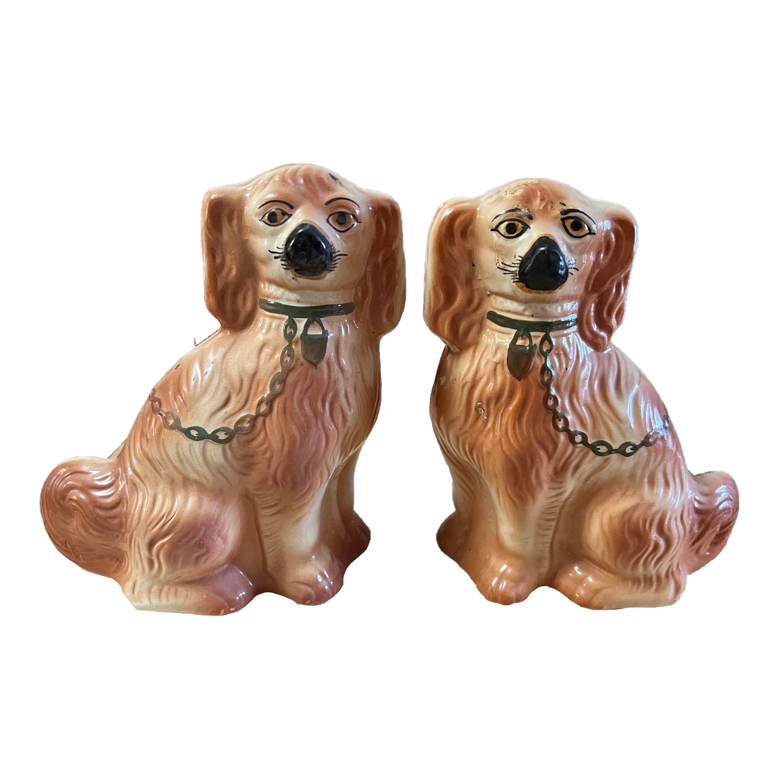 Pair of Antique Decorated Staffordshire Dogs, Circa 1860's: A Fine Pair of Antique Decorated Staffordshire dogs, circa 1860's Made in the Staffordshire district of Stoke on Trent, England, circa 1860-1890 Colour: orange hand painted decorations Size: 8" wide, 