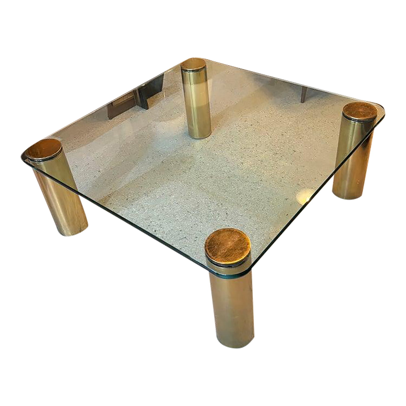 1970s Mid Century Modern Coffee Table by Leon Rosen for the Pace Collection: This stunning Mid-Century Modern coffee table was designed by Leon Rosen circa 1970s for the Pace Collection. It features four brushed brass 5" diameter column legs attached to a 3/4" thick glass