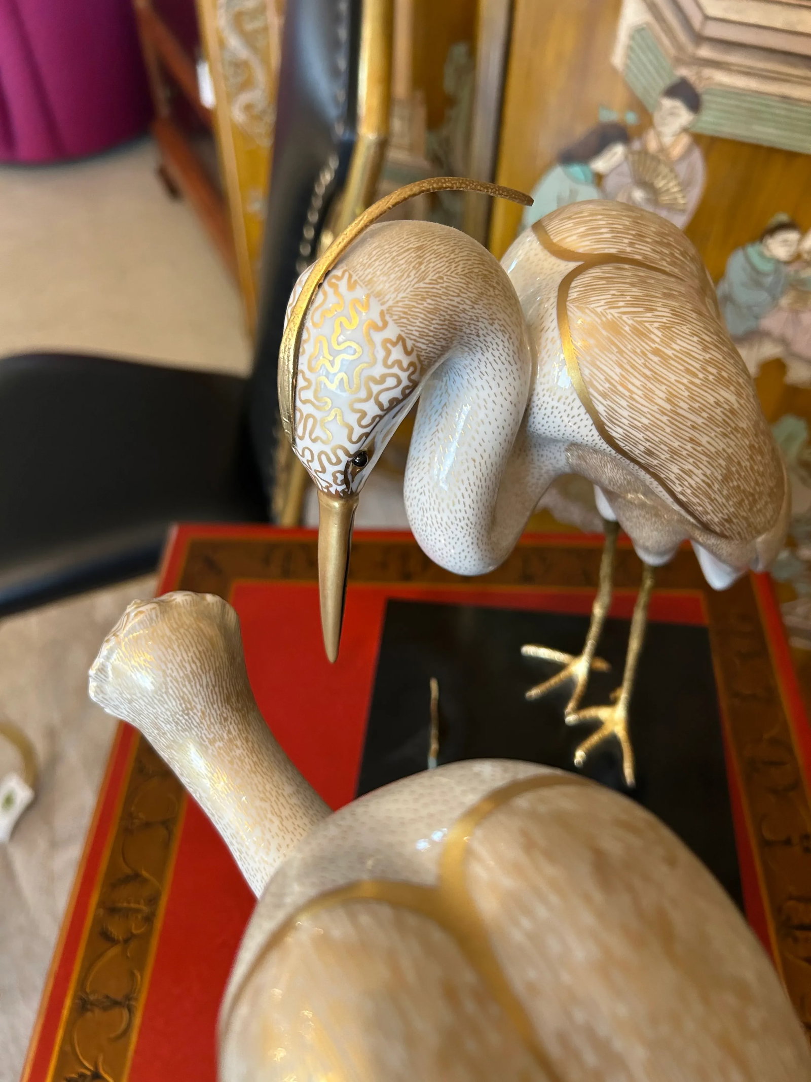 Giulia Mangani for Ogetti Porcelain & Gilded Brass Herons on Black Platform - 10