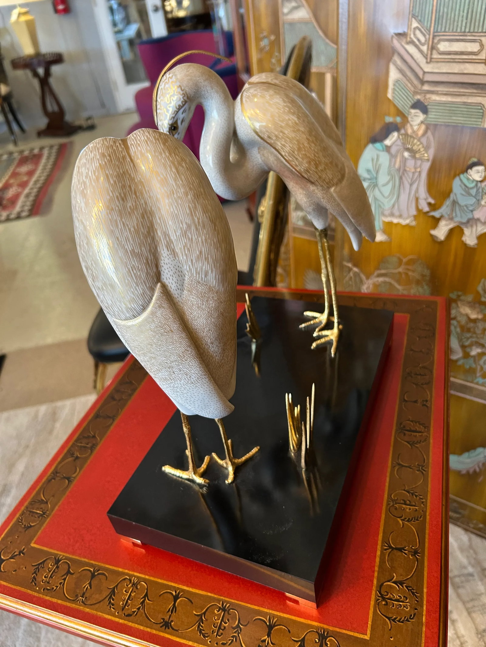 Giulia Mangani for Ogetti Porcelain & Gilded Brass Herons on Black Platform - 11