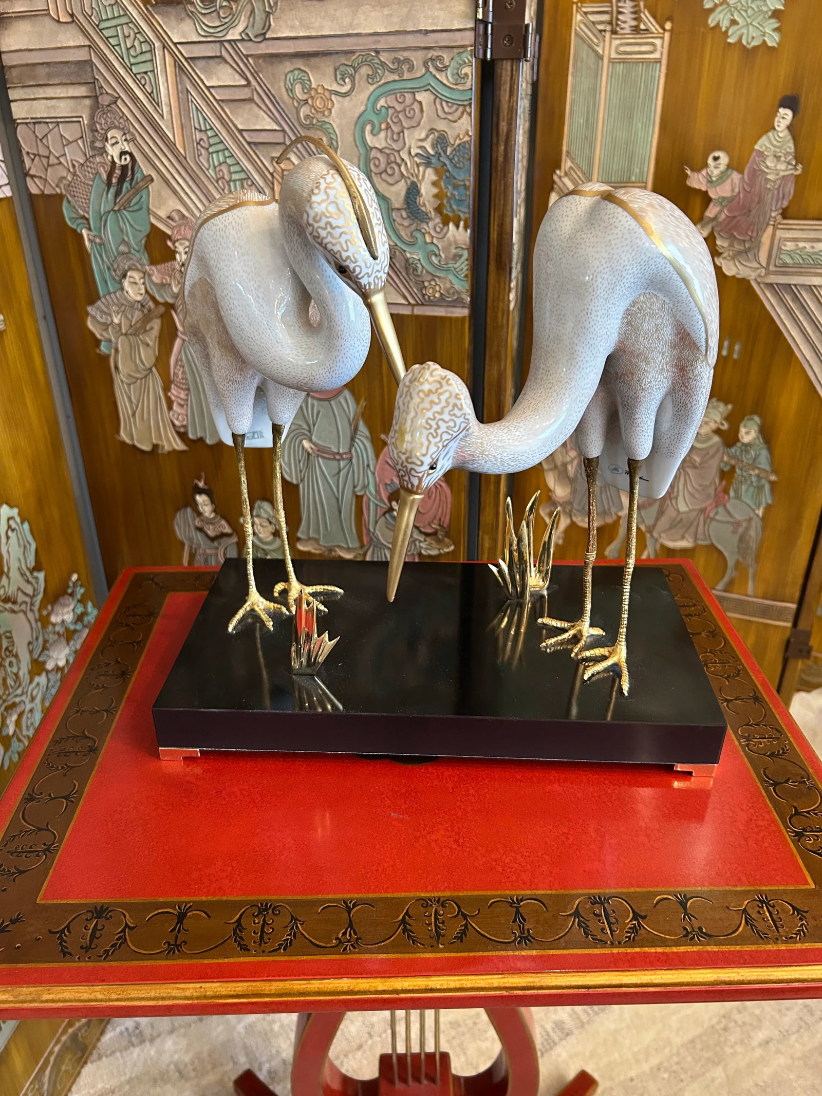 Giulia Mangani for Ogetti Porcelain & Gilded Brass Herons on Black Platform - 12