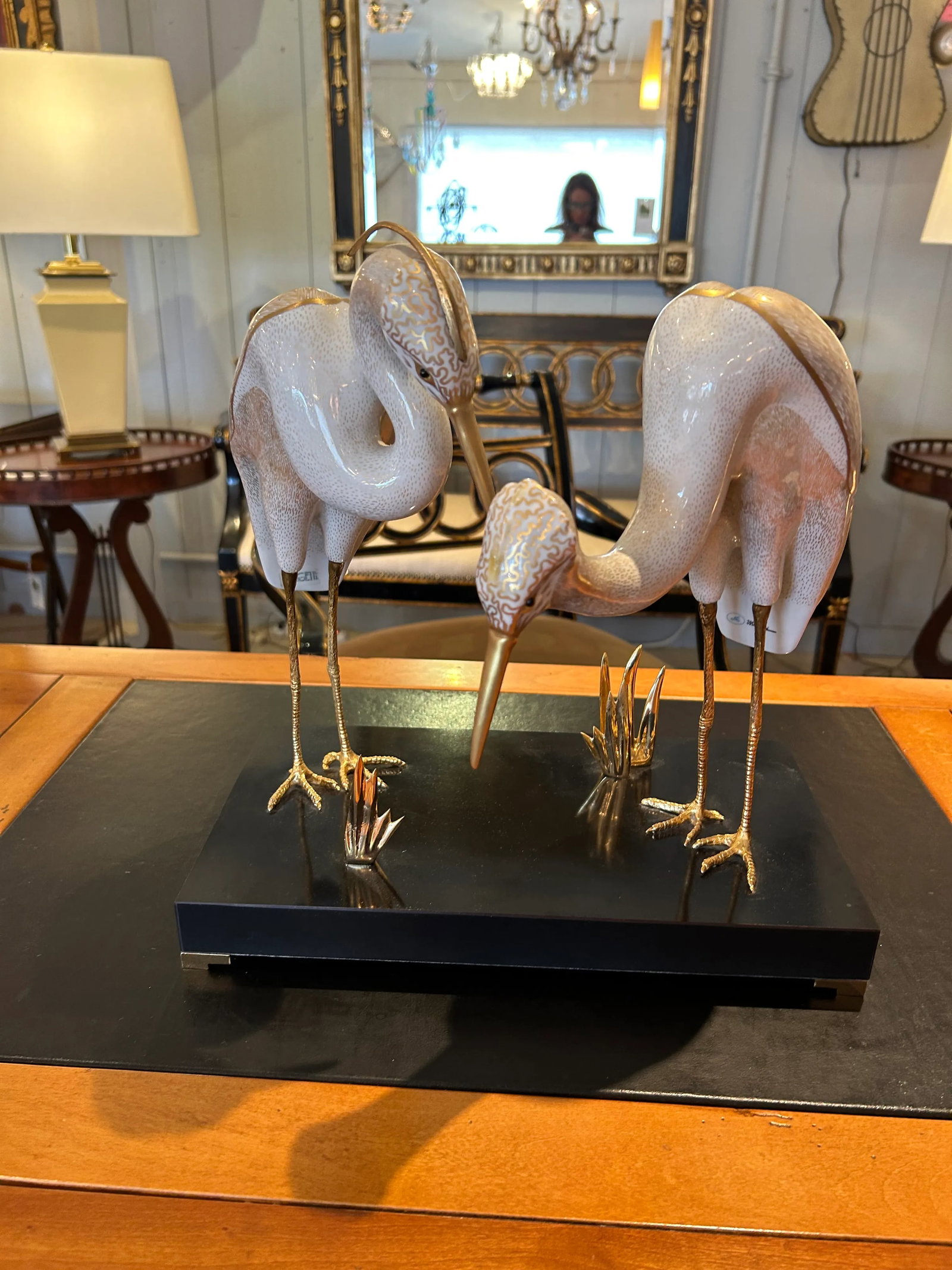 Giulia Mangani for Ogetti Porcelain & Gilded Brass Herons on Black Platform - 6