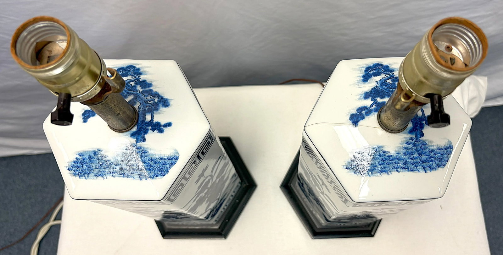 Vintage Mid Century Blue and White Ceramic Hexagon Shaped Table Lamps- A Pair - 10