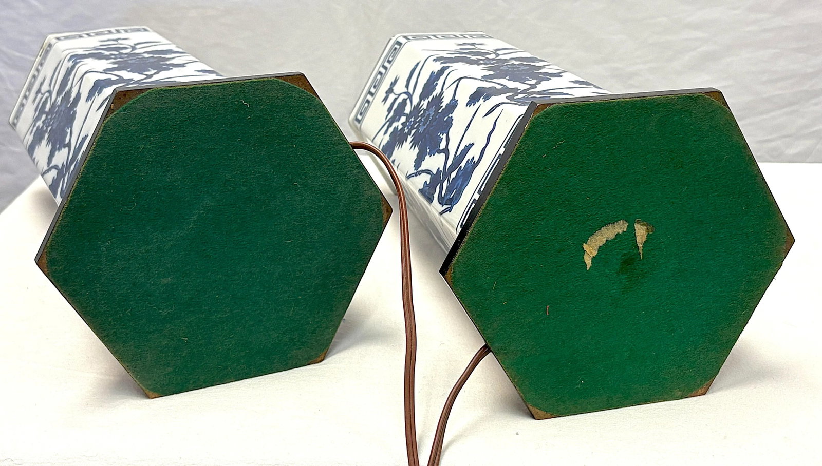 Vintage Mid Century Blue and White Ceramic Hexagon Shaped Table Lamps- A Pair - 13