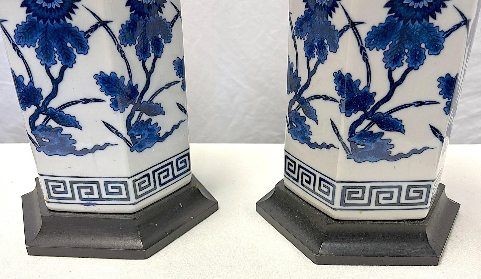 Vintage Mid Century Blue and White Ceramic Hexagon Shaped Table Lamps- A Pair - 14