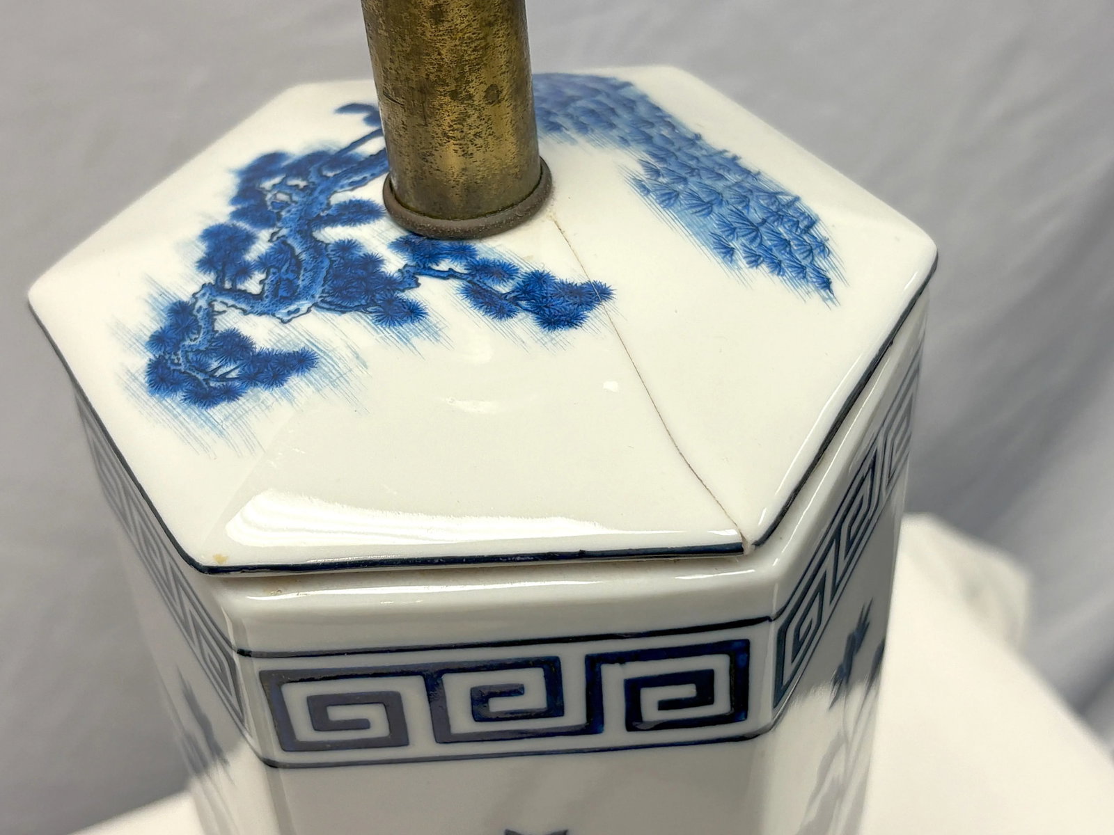 Vintage Mid Century Blue and White Ceramic Hexagon Shaped Table Lamps- A Pair - 16