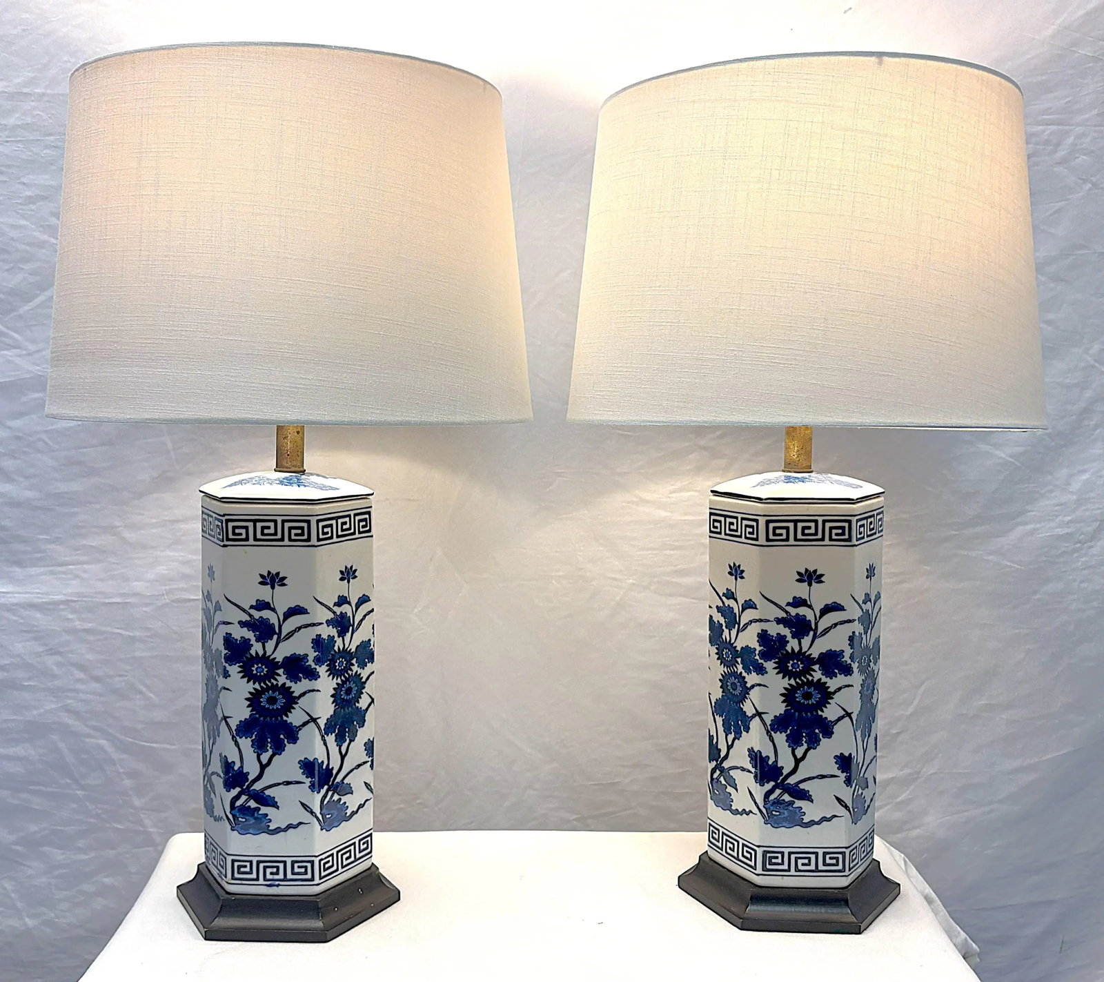 Vintage Mid Century Blue and White Ceramic Hexagon Shaped Table Lamps- A Pair - 2