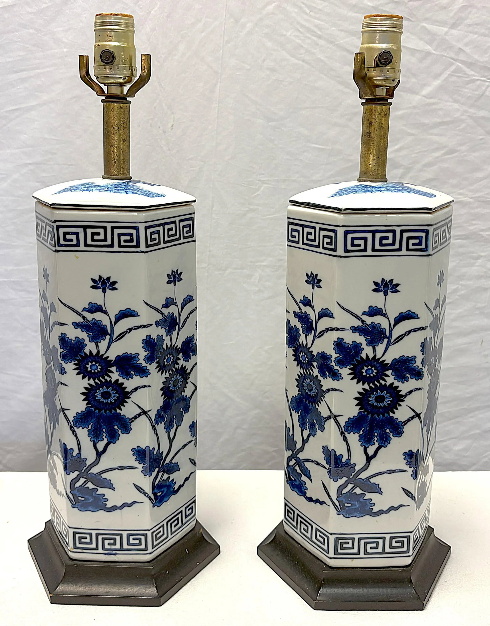Vintage Mid Century Blue and White Ceramic Hexagon Shaped Table Lamps- A Pair - 3