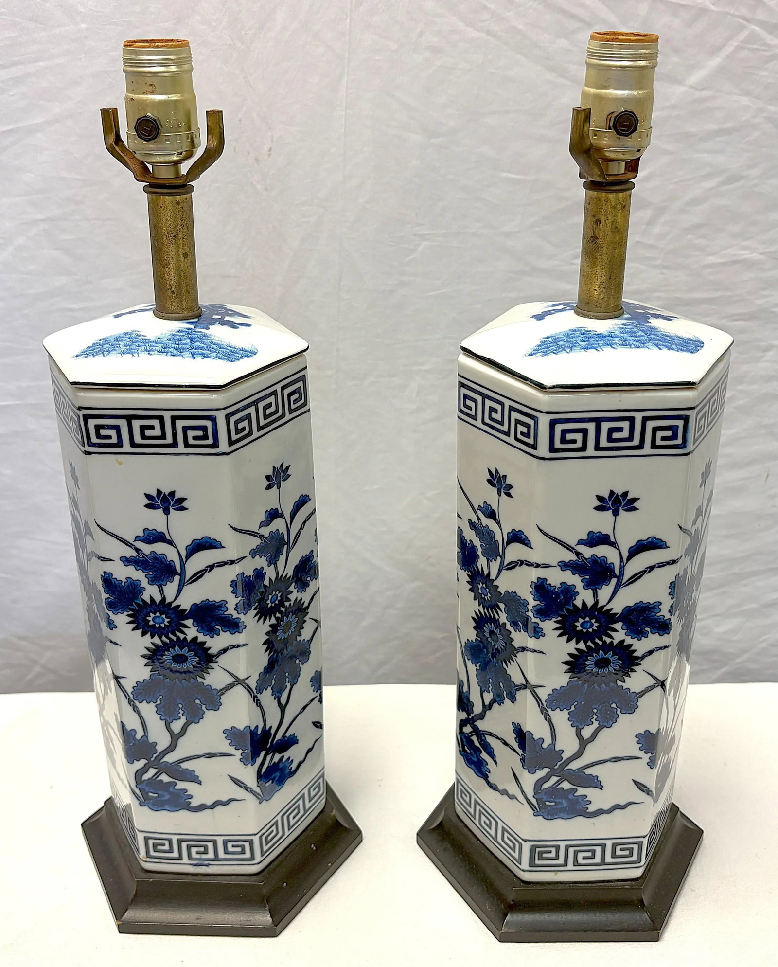 Vintage Mid Century Blue and White Ceramic Hexagon Shaped Table Lamps- A Pair - 4