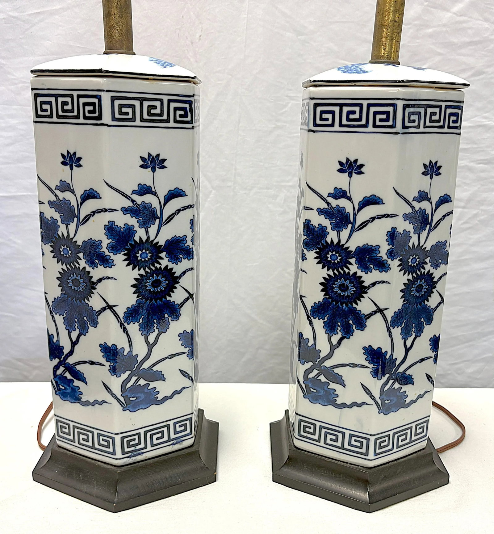 Vintage Mid Century Blue and White Ceramic Hexagon Shaped Table Lamps- A Pair - 5